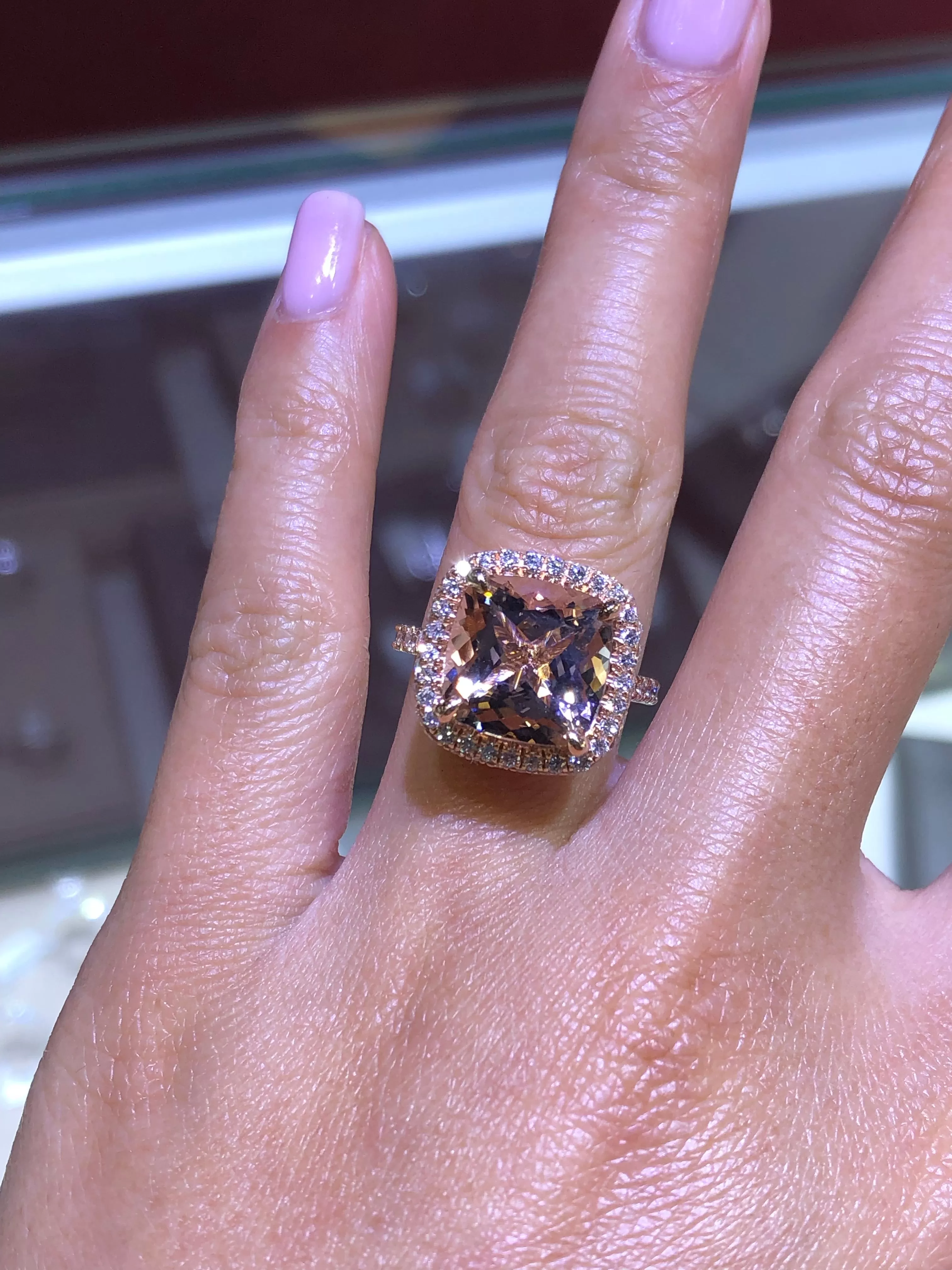 14K Gold Double Under Halo 3D Band with Cushion Morganite Engagement Ring