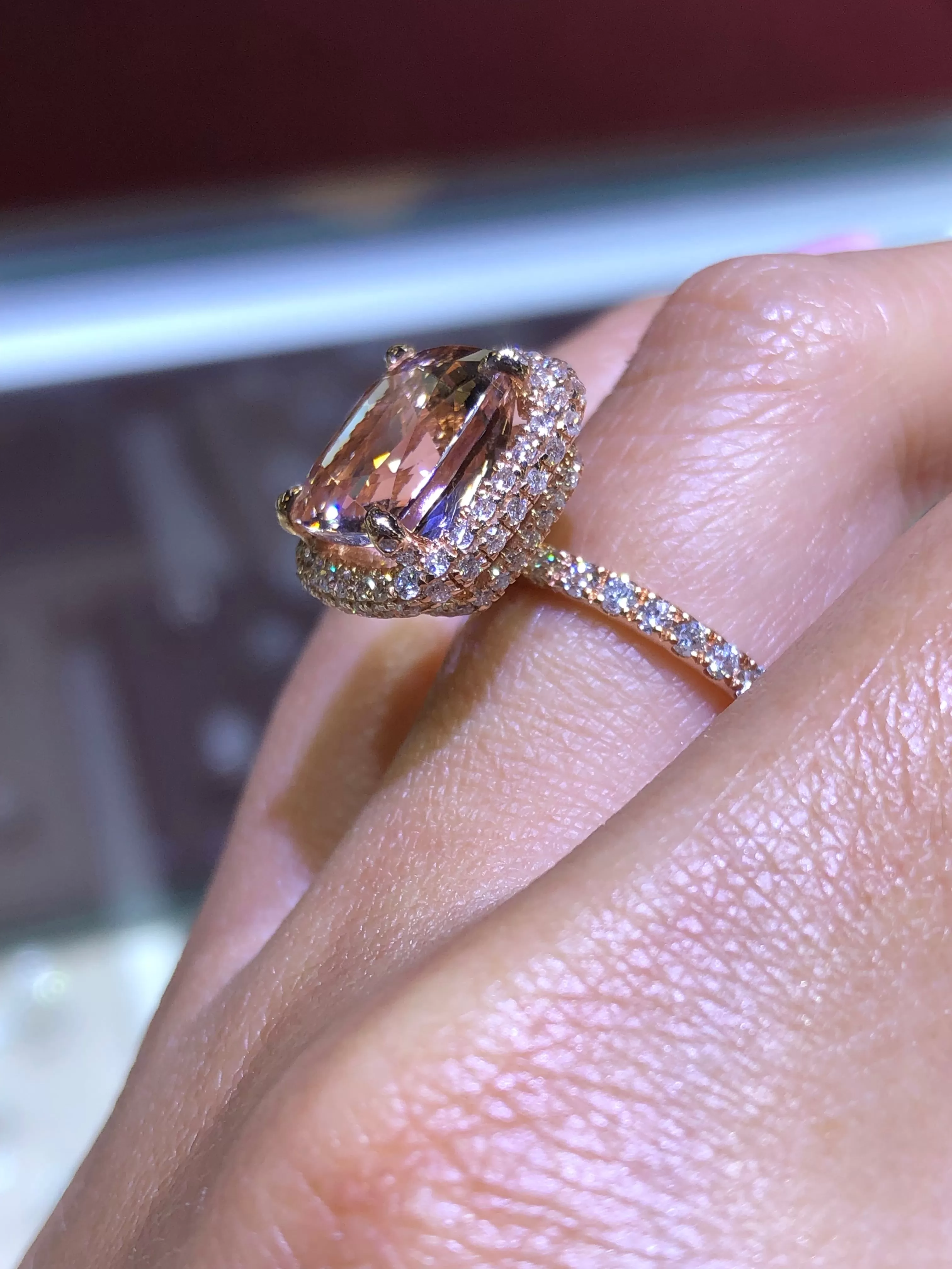 14K Gold Double Under Halo 3D Band with Cushion Morganite Engagement Ring