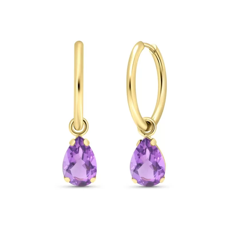 14k Gold Hoop Earrings with Amethyst Teardrop Stones