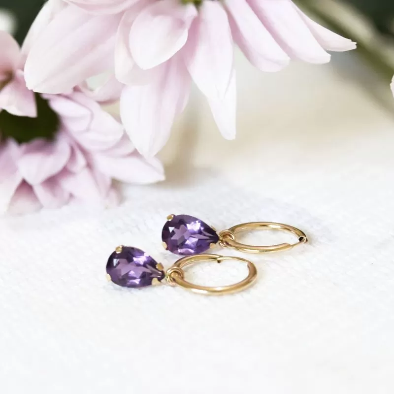 14k Gold Hoop Earrings with Amethyst Teardrop Stones