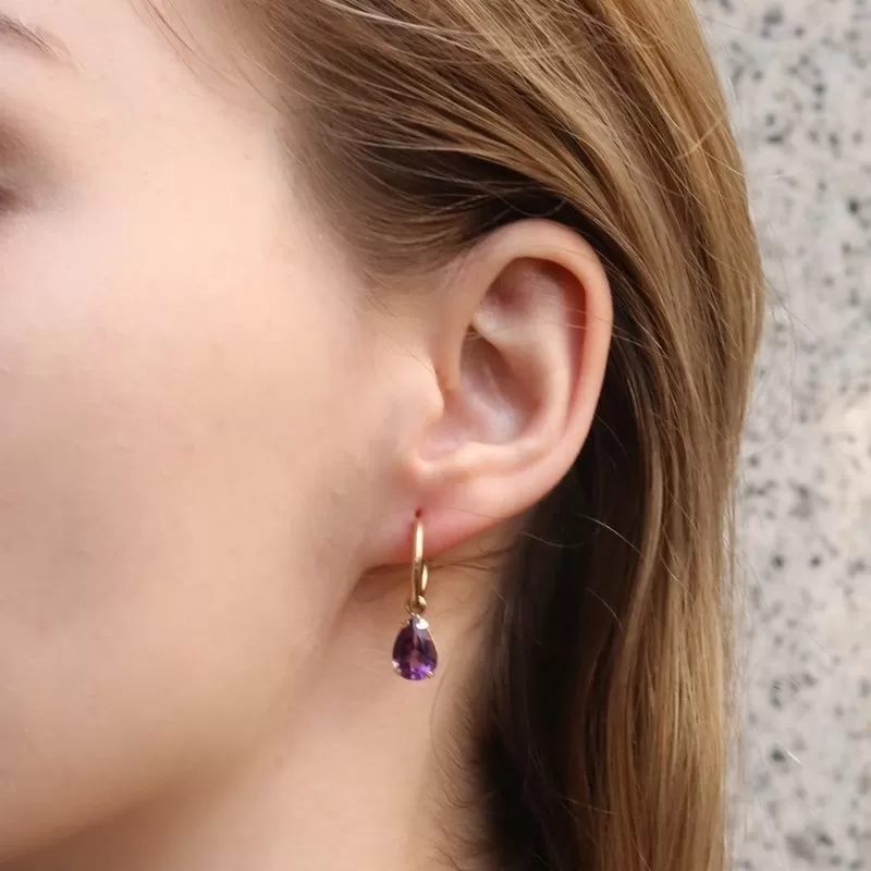 14k Gold Hoop Earrings with Amethyst Teardrop Stones