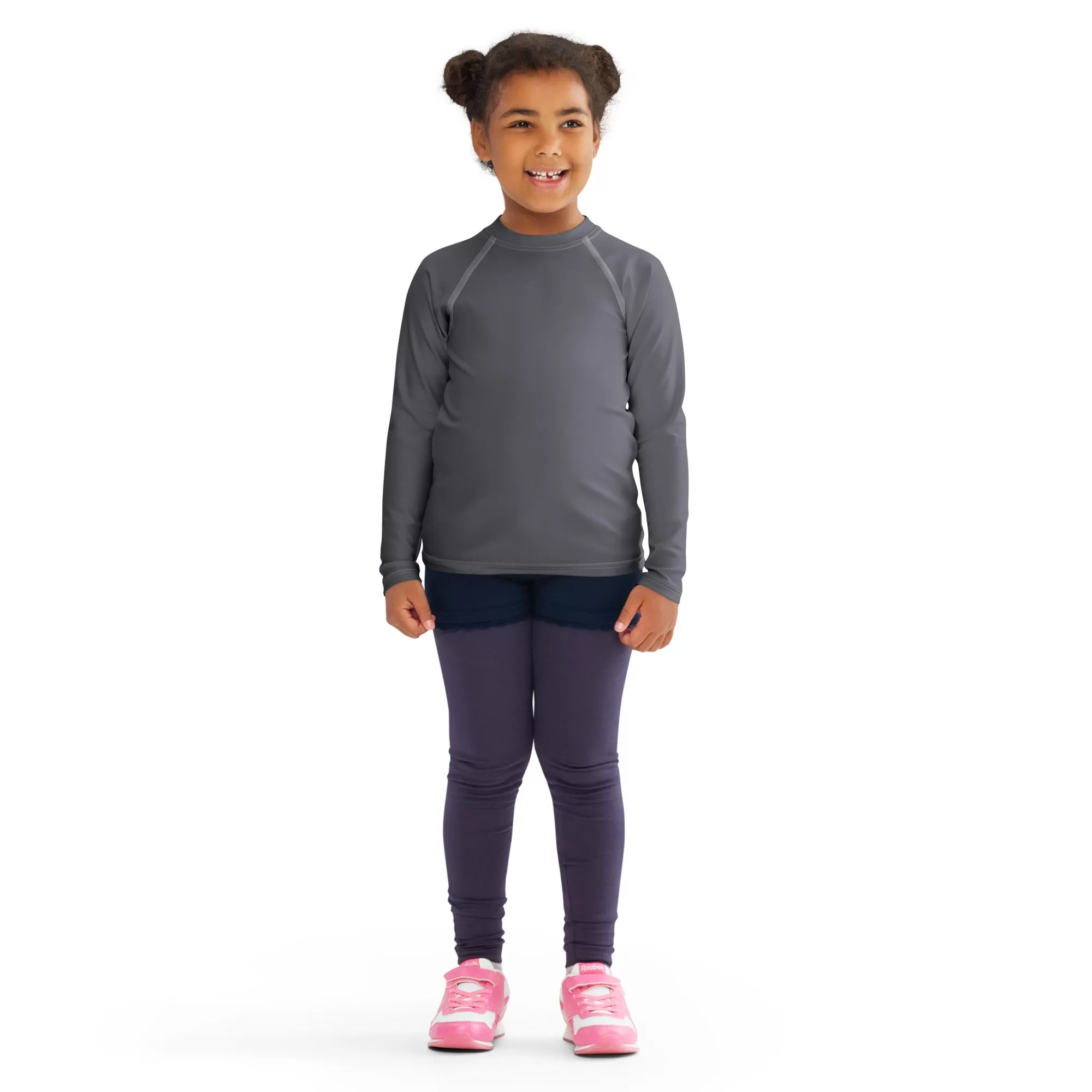 Adorable Coverage: Kids Girl's Long Sleeve Rash Guards in Solid Color - Charcoal