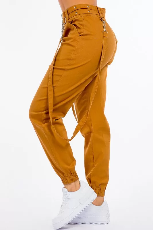 AMERICAN BAZI High Waist Skinny Jogger Pants with Suspenders