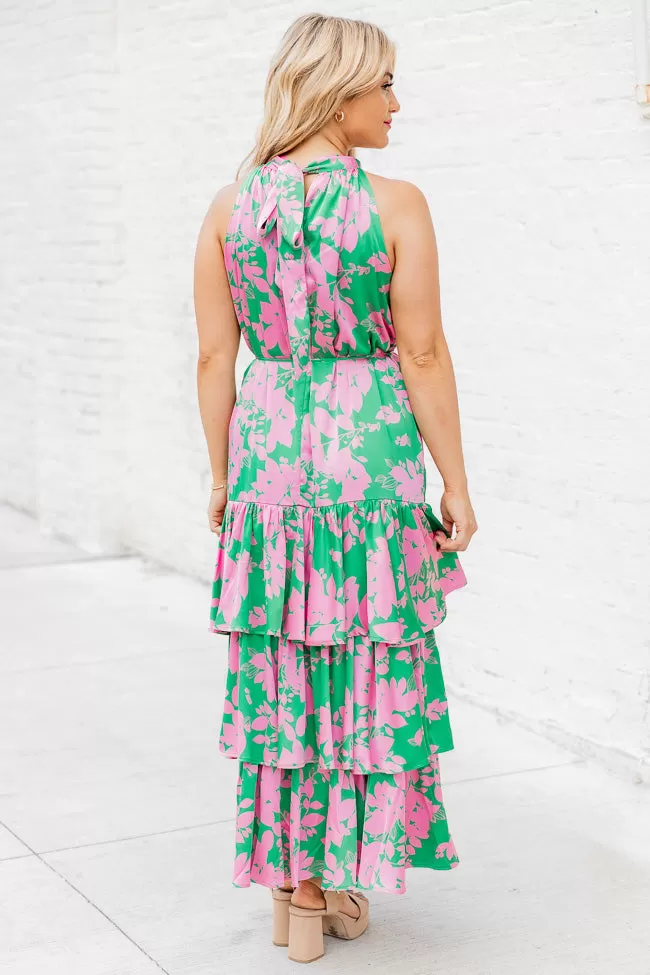 An Inspiration Green and Pink Printed Satin Halter Maxi Dress FINAL SALE