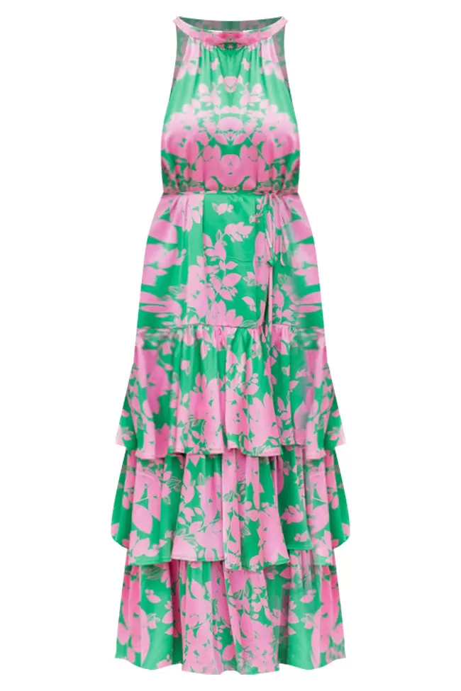 An Inspiration Green and Pink Printed Satin Halter Maxi Dress FINAL SALE