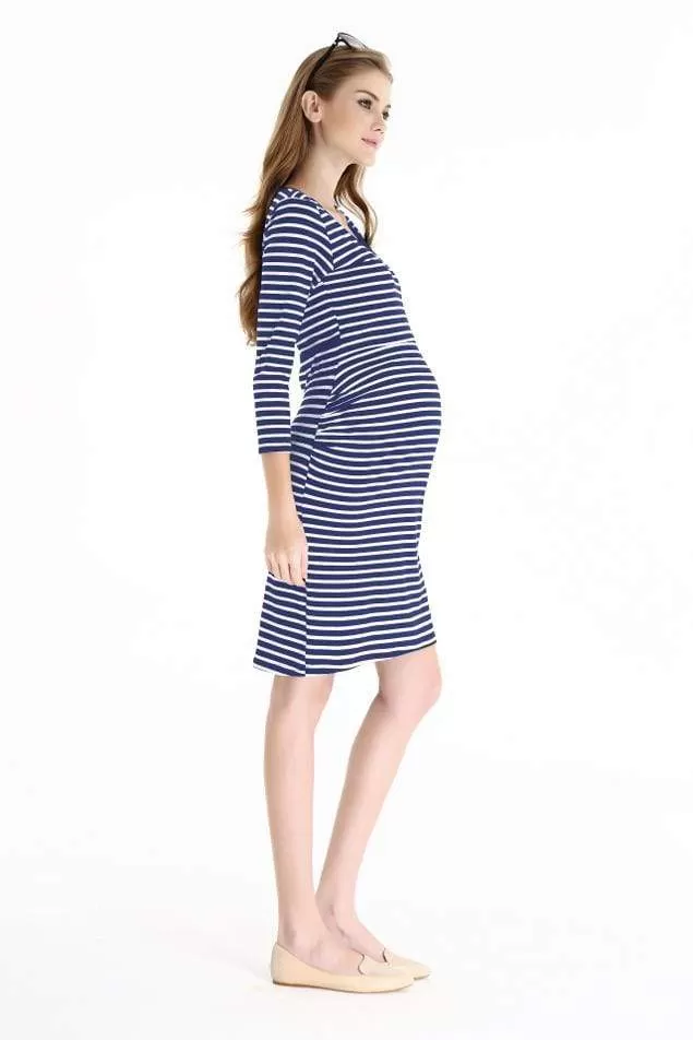 Angelina Navy Stripe Long Sleeve Nursing Dress