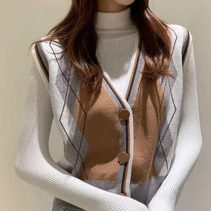 Argyle Women Cardigan Sweater Fashion V Neck Knit Fall Jumper Vest Casual Button Up Female Outwear