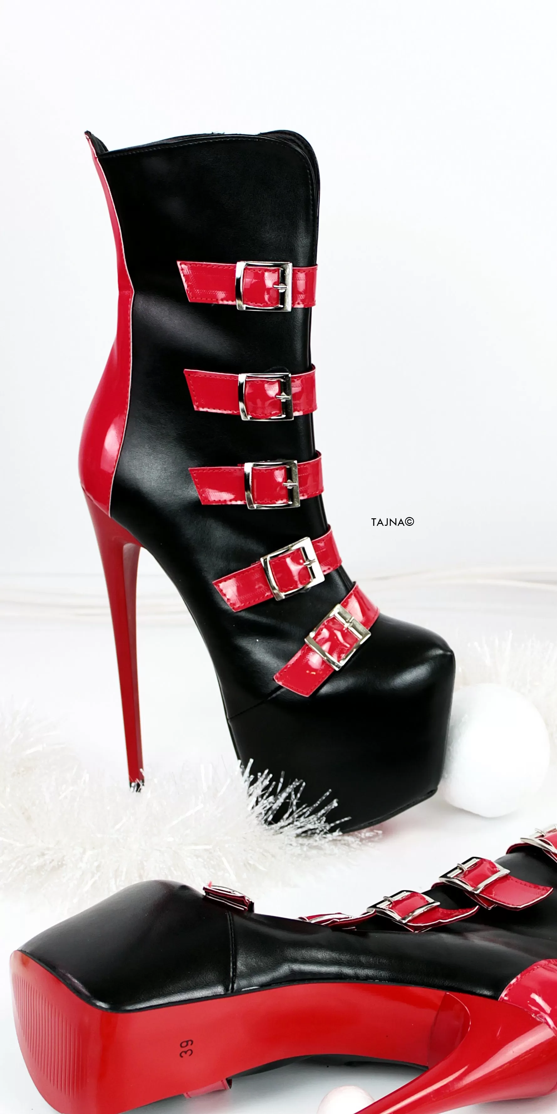 Belted Black Red Ankle Heel Boots