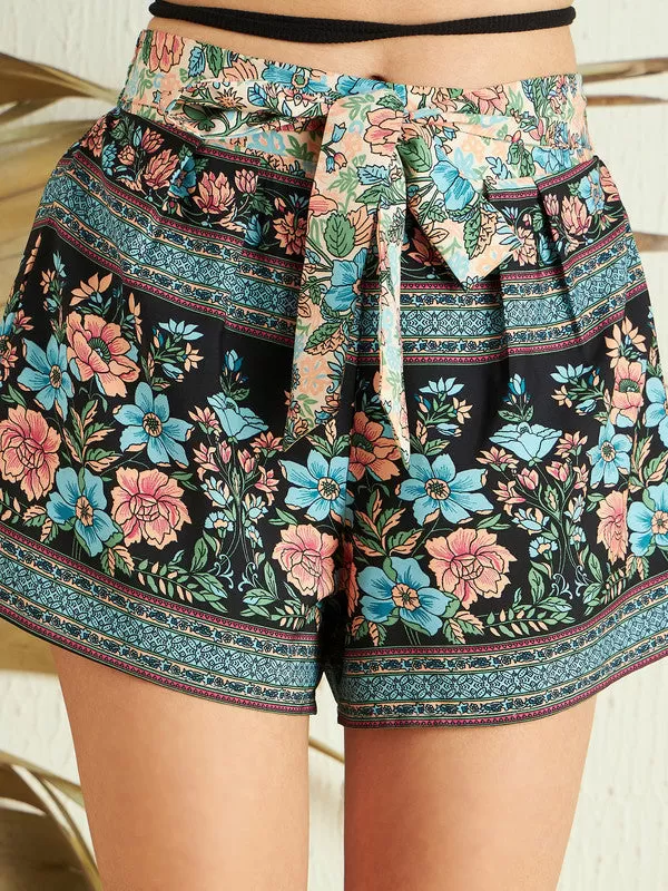 Berrylush Women Black, Blue, & Pink Floral Printed High-Rise Waist Tie-Up Mini Shorts