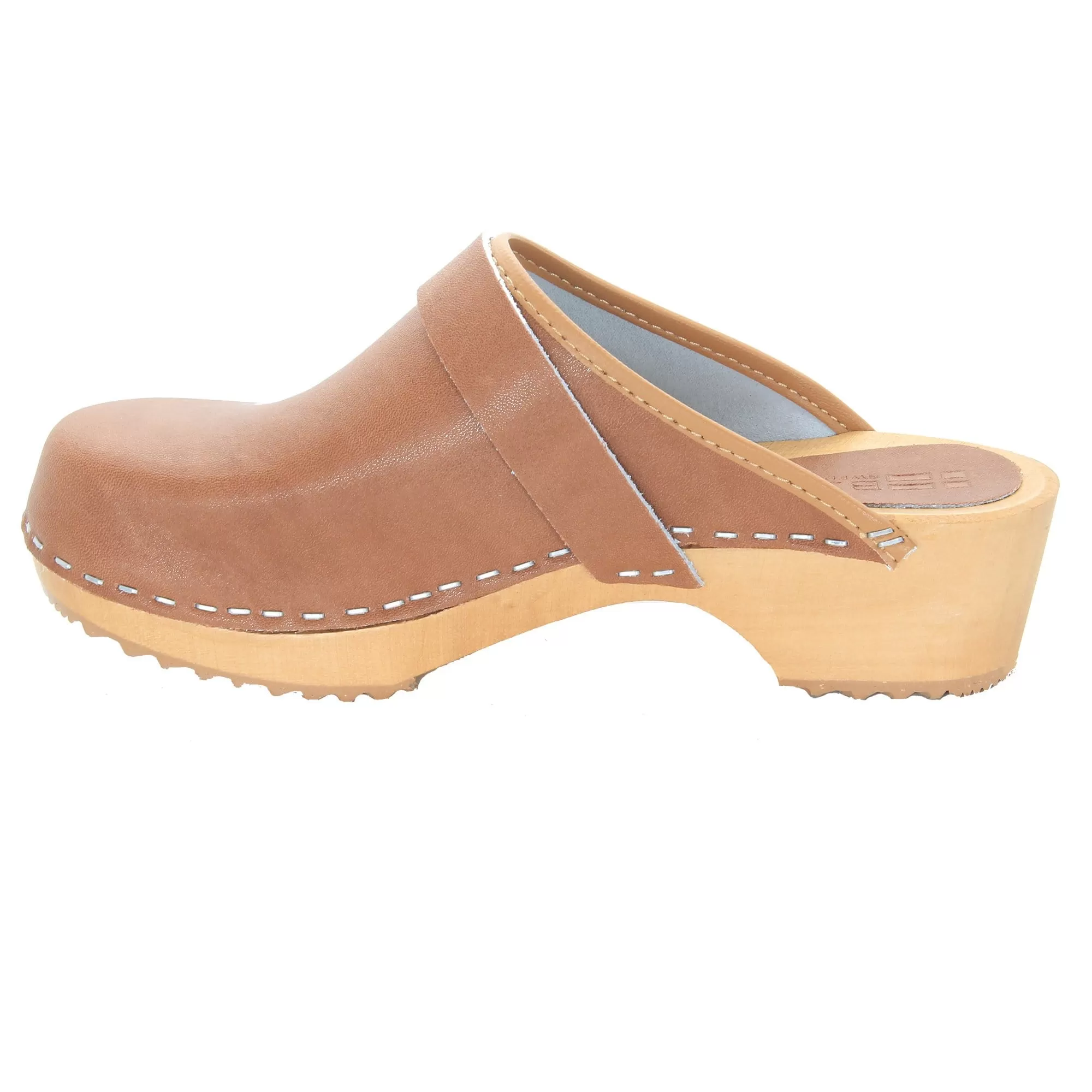 BJORK Maja Wood Open Back Brown Leather Clogs