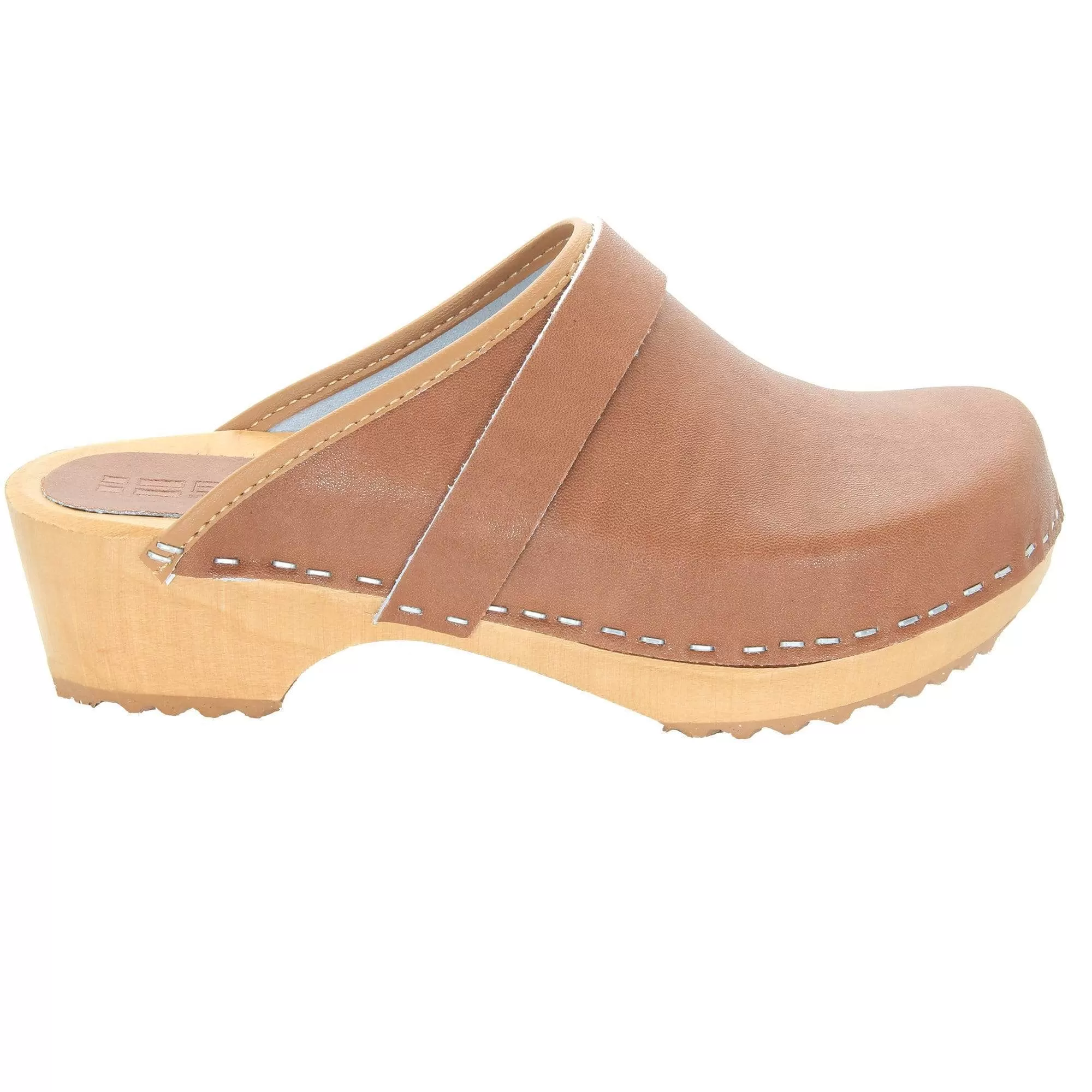 BJORK Maja Wood Open Back Brown Leather Clogs