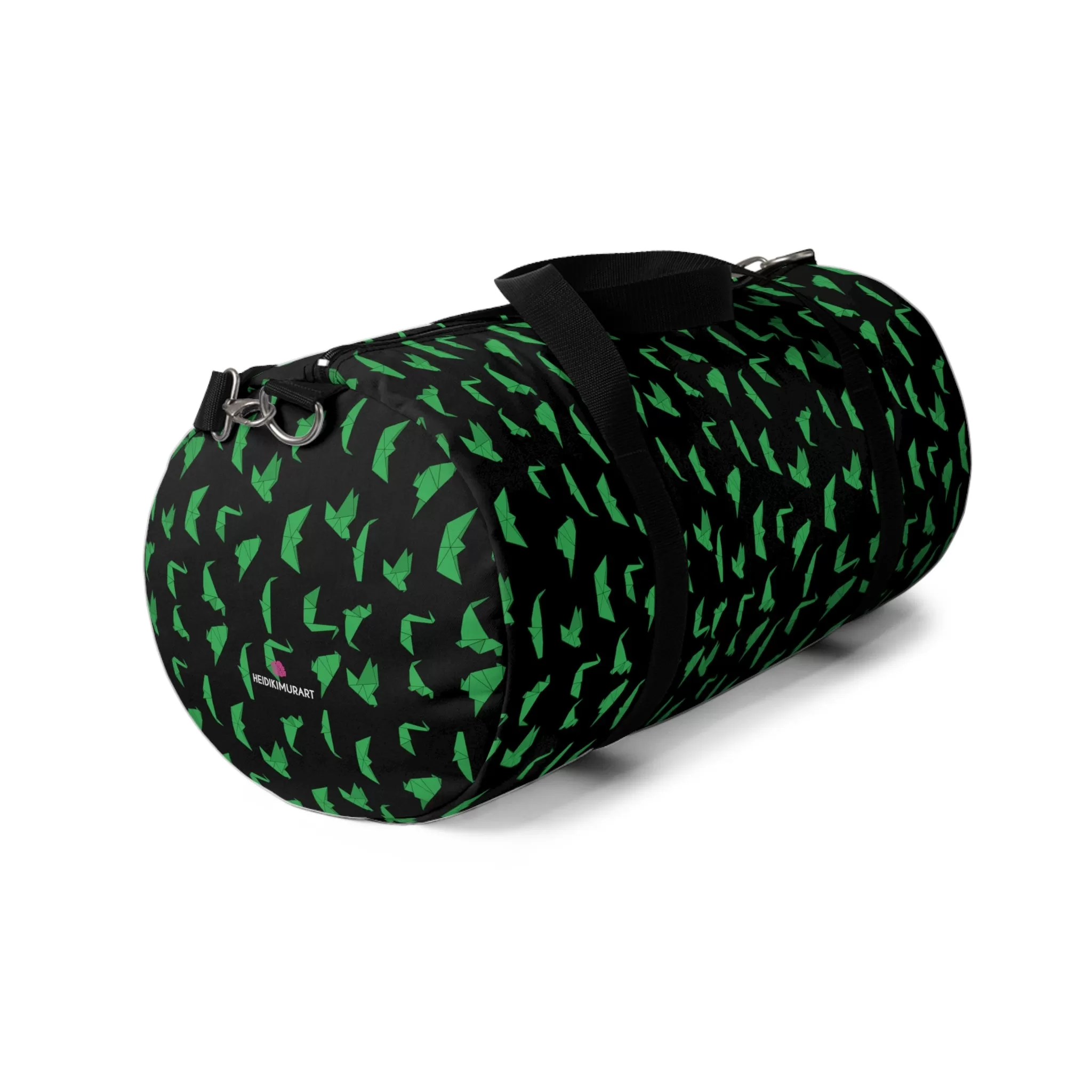 Black Crane Print Duffel Bag, Green Japanese Crane Print Pattern Duffle or Gym Bag Small or Large - Made in USA