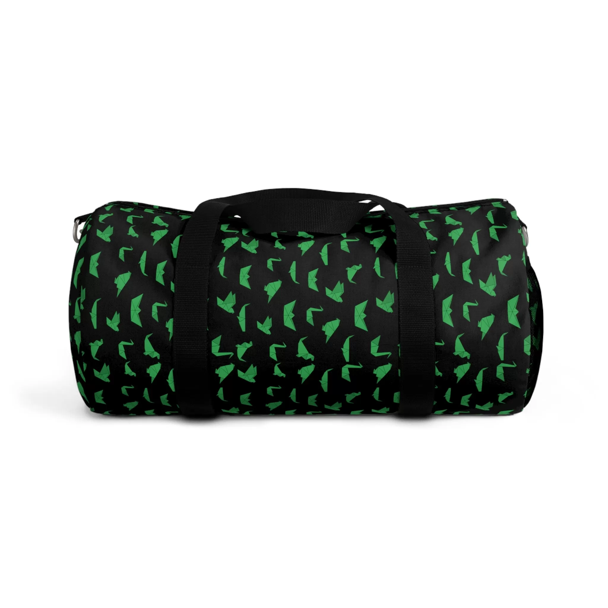 Black Crane Print Duffel Bag, Green Japanese Crane Print Pattern Duffle or Gym Bag Small or Large - Made in USA