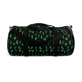 Black Crane Print Duffel Bag, Green Japanese Crane Print Pattern Duffle or Gym Bag Small or Large - Made in USA