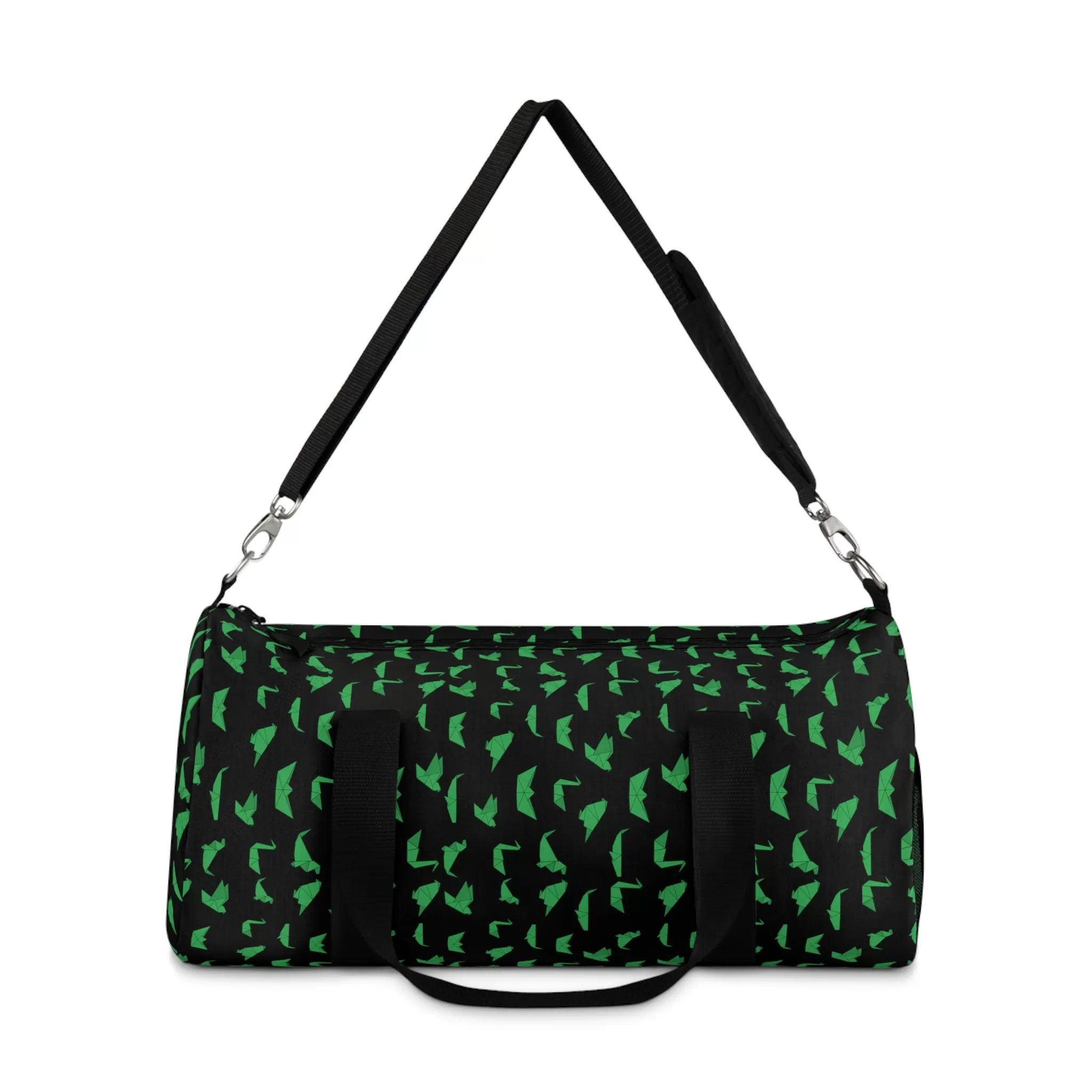 Black Crane Print Duffel Bag, Green Japanese Crane Print Pattern Duffle or Gym Bag Small or Large - Made in USA