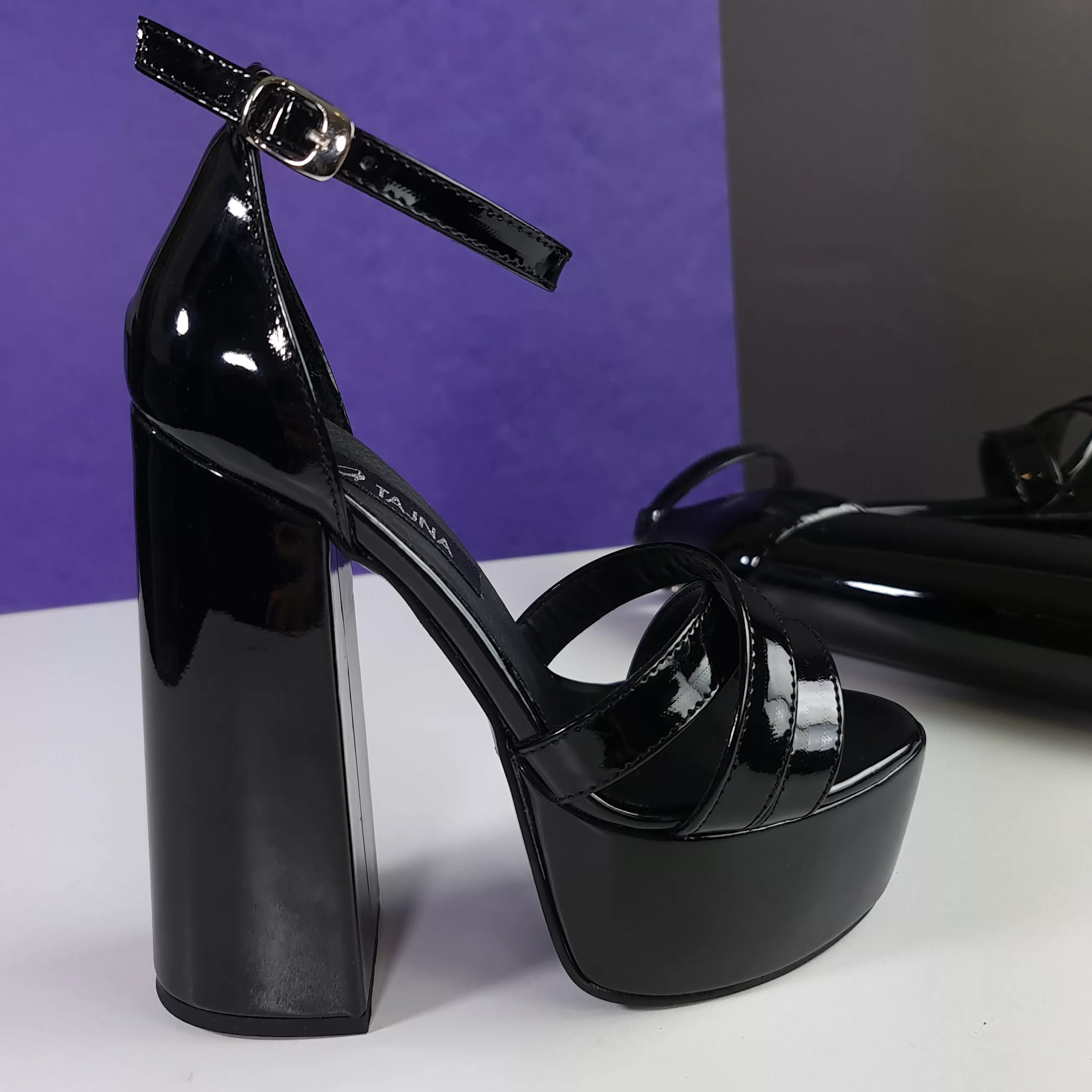 Block Chunky Black Gloss High Heel Sandals