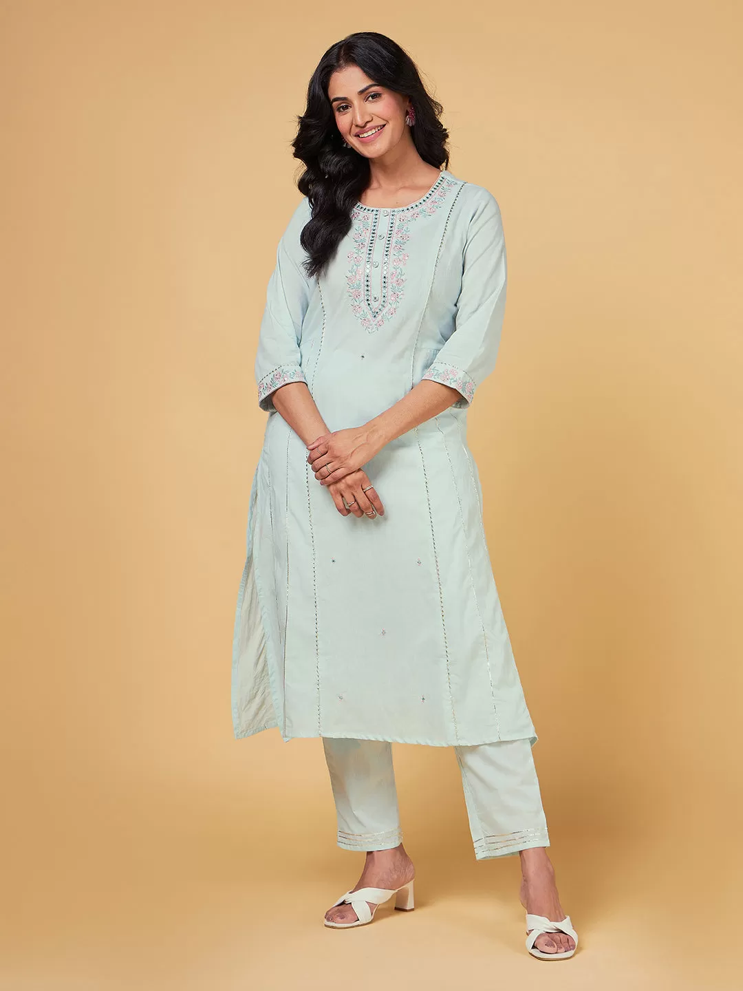 Blooming Melodies Mint Green Embroidered Kurta Set