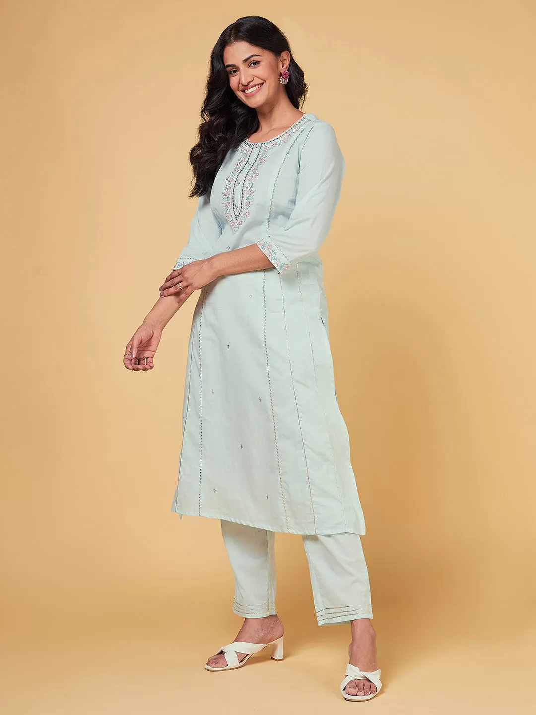 Blooming Melodies Mint Green Embroidered Kurta Set