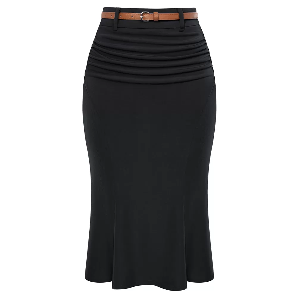 Bodycon Pencil Skirt with Belt Knee Length Vintage Work Business Skirts