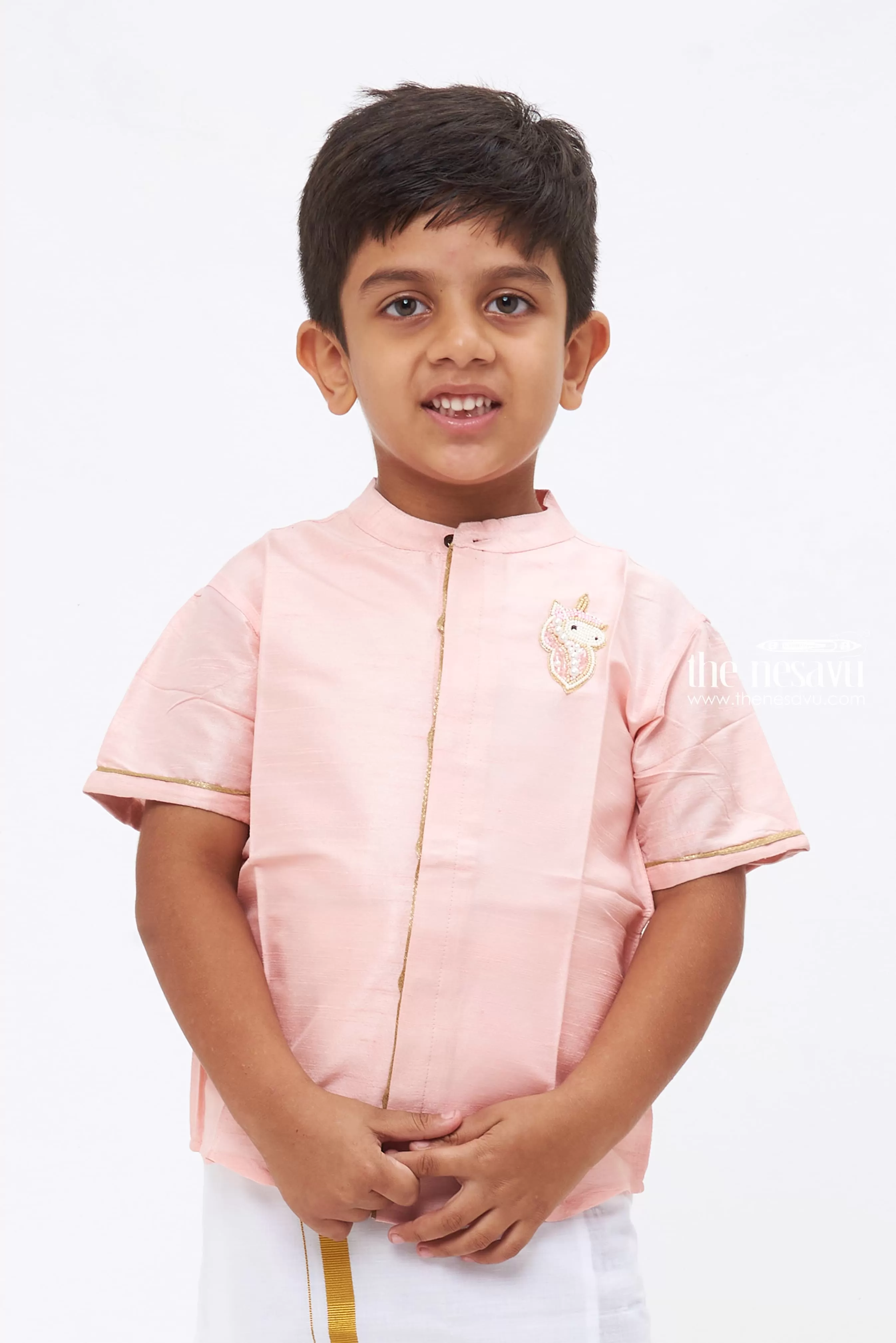 Boys Pink Silk Shirt with Ornate Embellishment