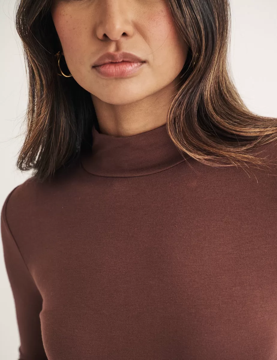 Brown Funnel Neck Long Sleeve Top