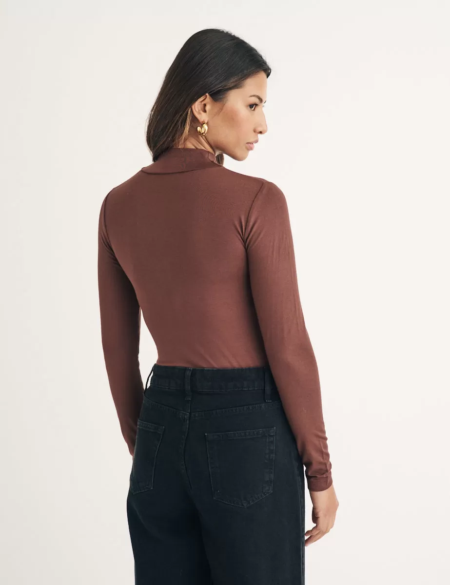 Brown Funnel Neck Long Sleeve Top