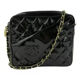 CHANEL Vintage Camera Quilted Black Patent CC Fold Over Crossbody / Shoulder Bag