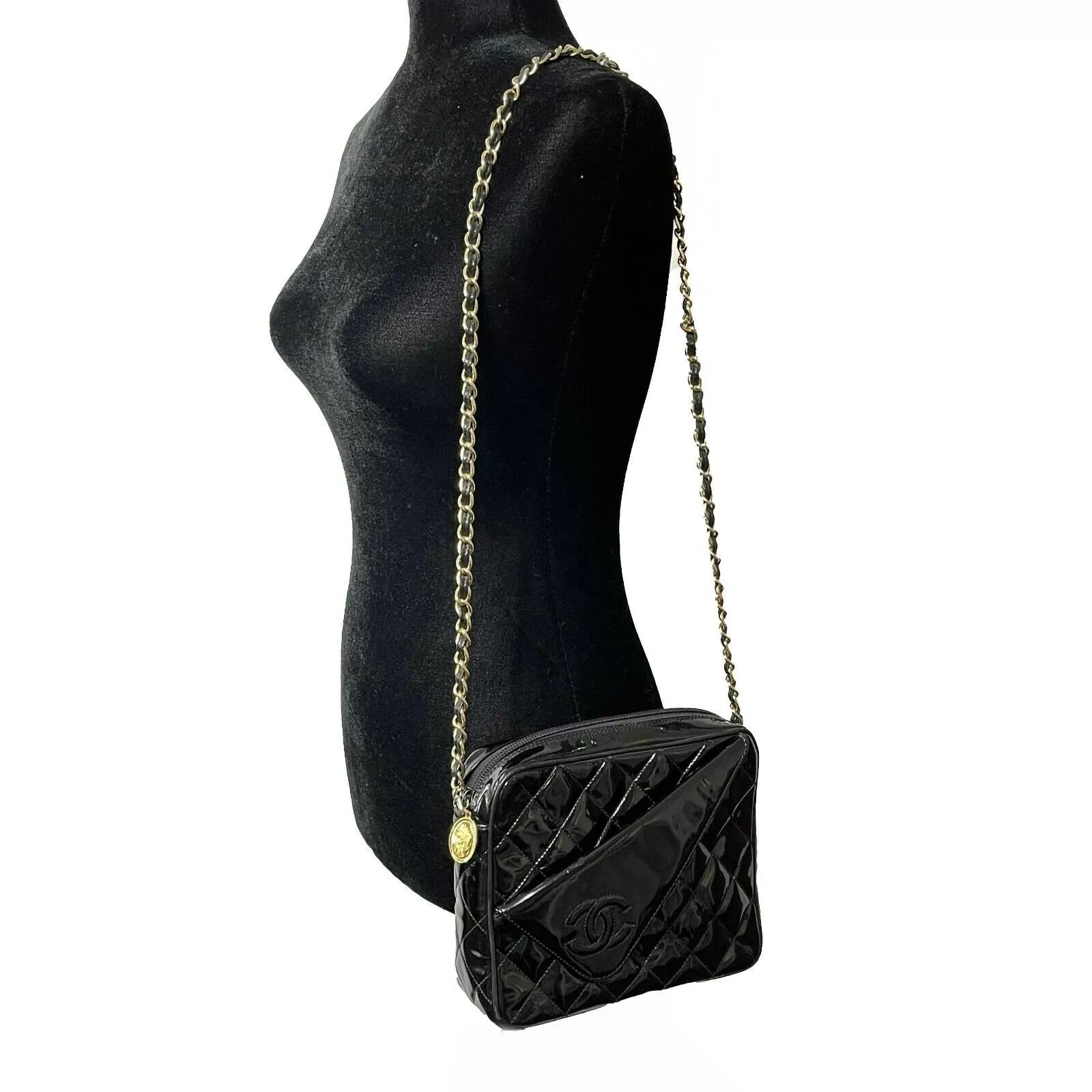 CHANEL Vintage Camera Quilted Black Patent CC Fold Over Crossbody / Shoulder Bag