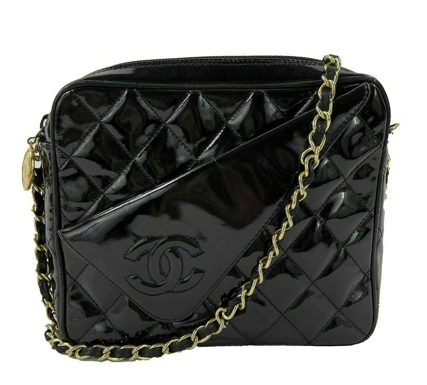 CHANEL Vintage Camera Quilted Black Patent CC Fold Over Crossbody / Shoulder Bag