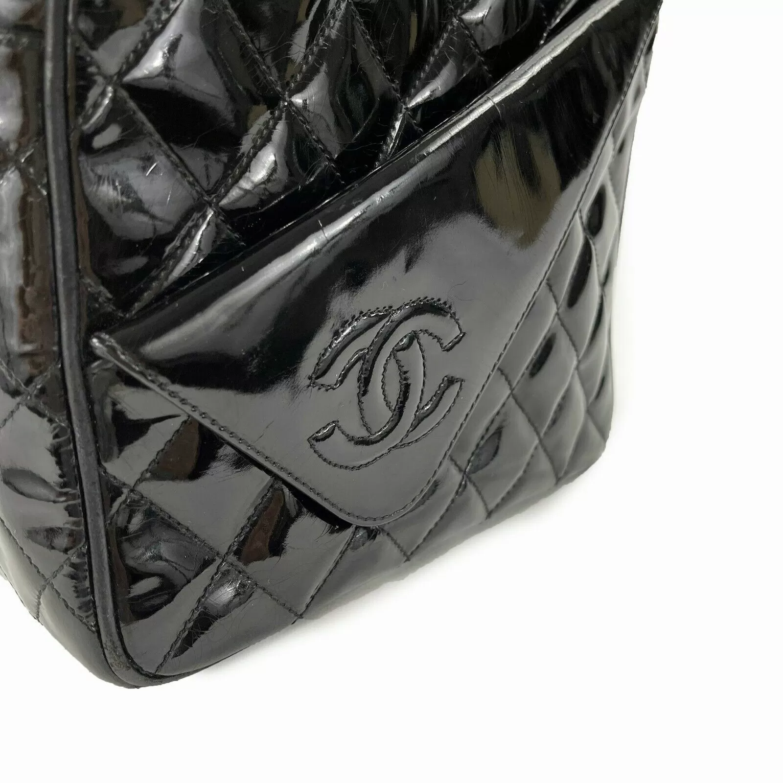 CHANEL Vintage Camera Quilted Black Patent CC Fold Over Crossbody / Shoulder Bag