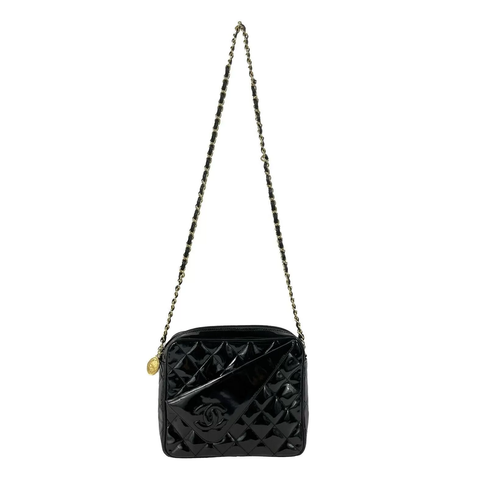 CHANEL Vintage Camera Quilted Black Patent CC Fold Over Crossbody / Shoulder Bag