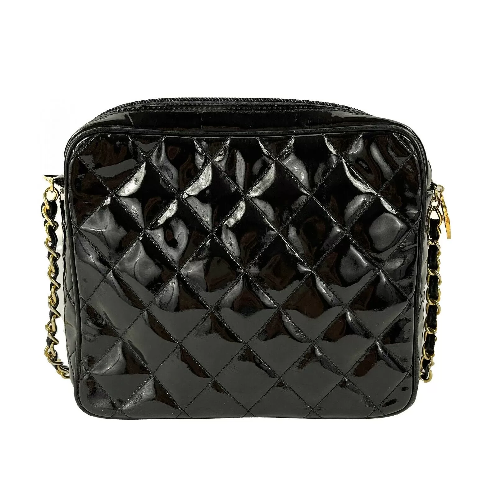 CHANEL Vintage Camera Quilted Black Patent CC Fold Over Crossbody / Shoulder Bag