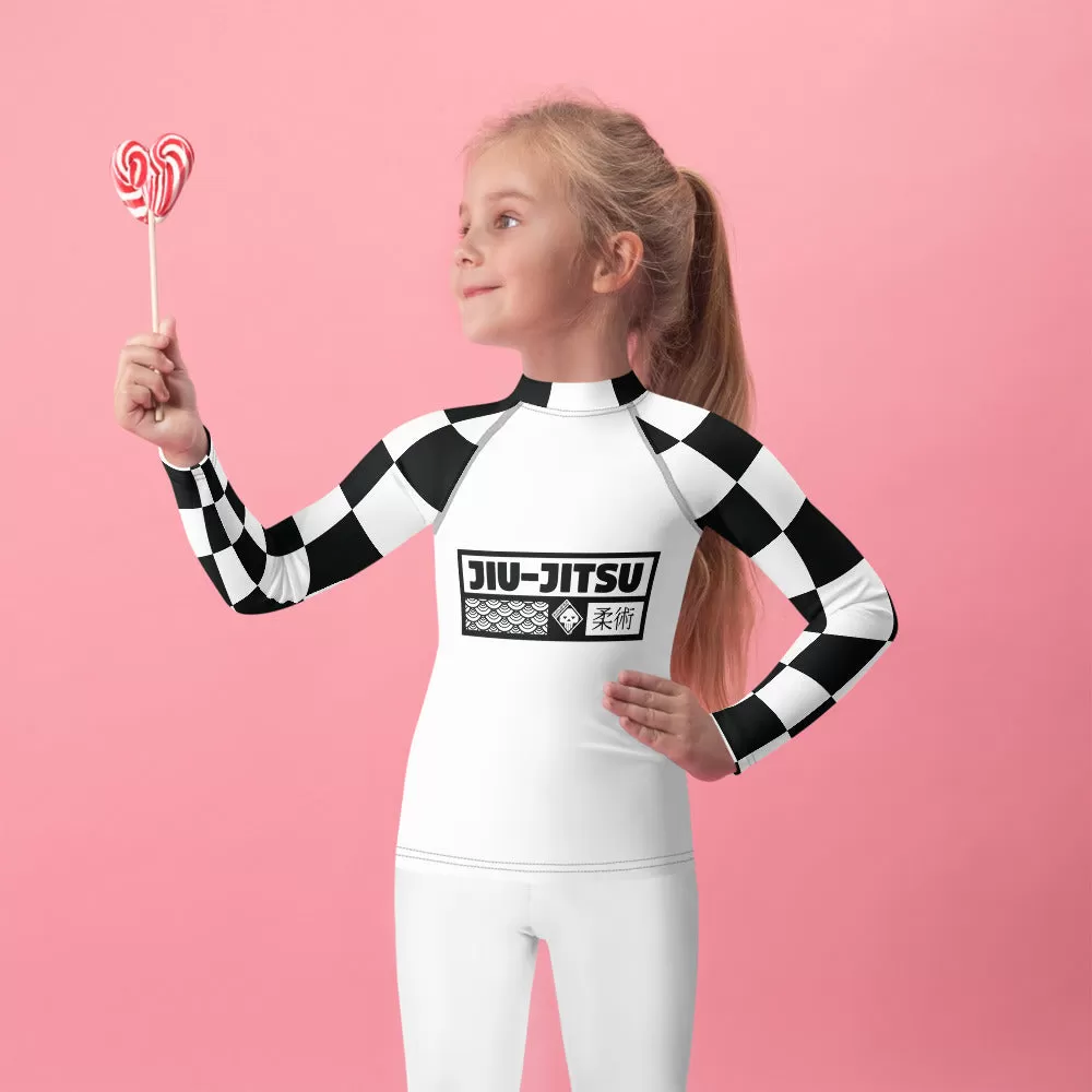 Checkered Charm: Kids Girls' Long Sleeve Rash Guard - Blanc Jiu-Jitsu