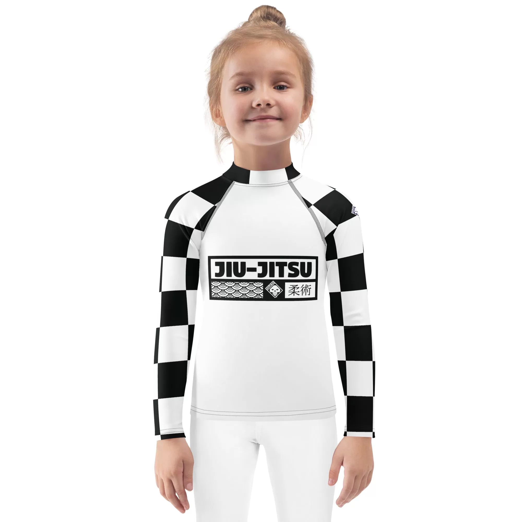 Checkered Charm: Kids Girls' Long Sleeve Rash Guard - Blanc Jiu-Jitsu