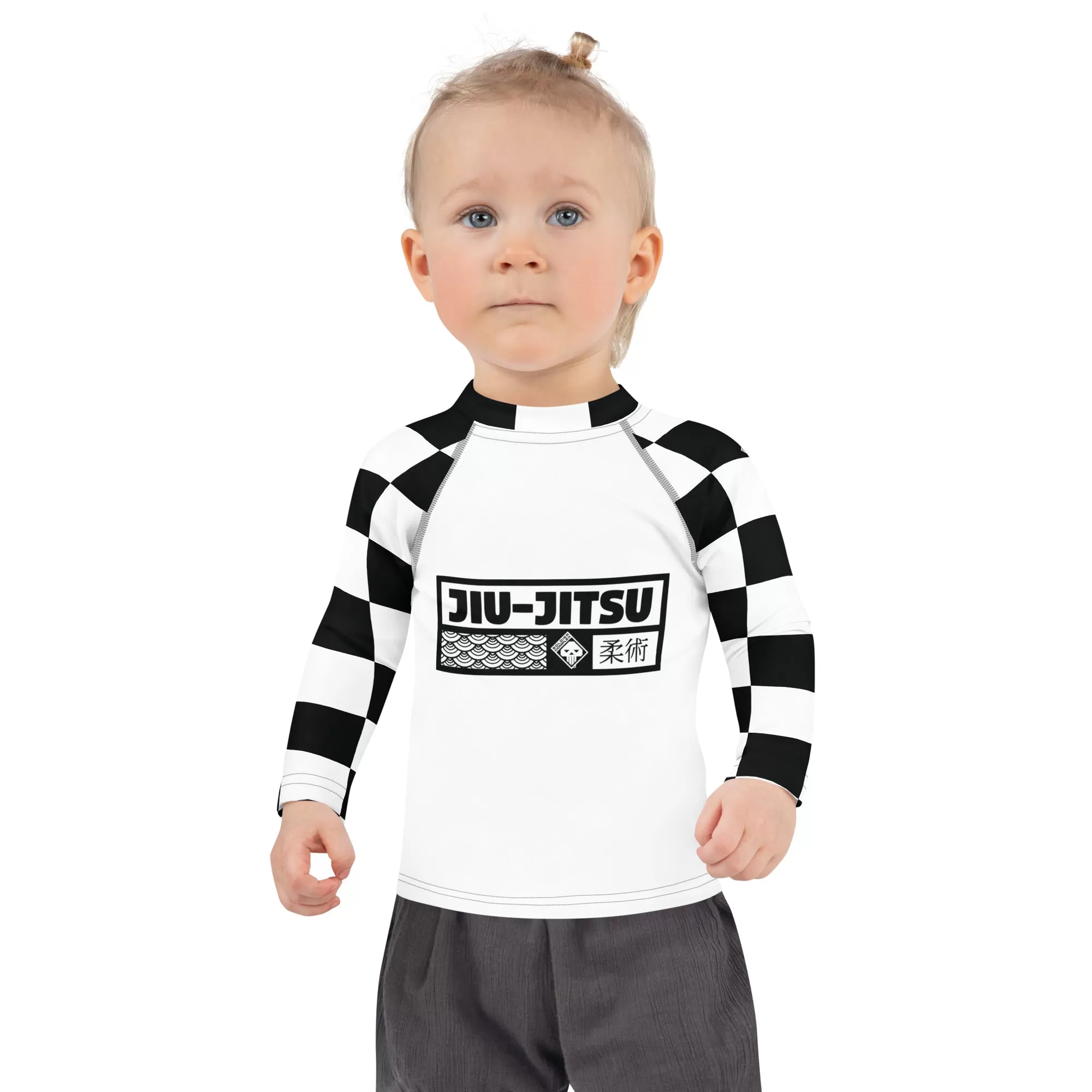 Checkered Charm: Kids Girls' Long Sleeve Rash Guard - Blanc Jiu-Jitsu