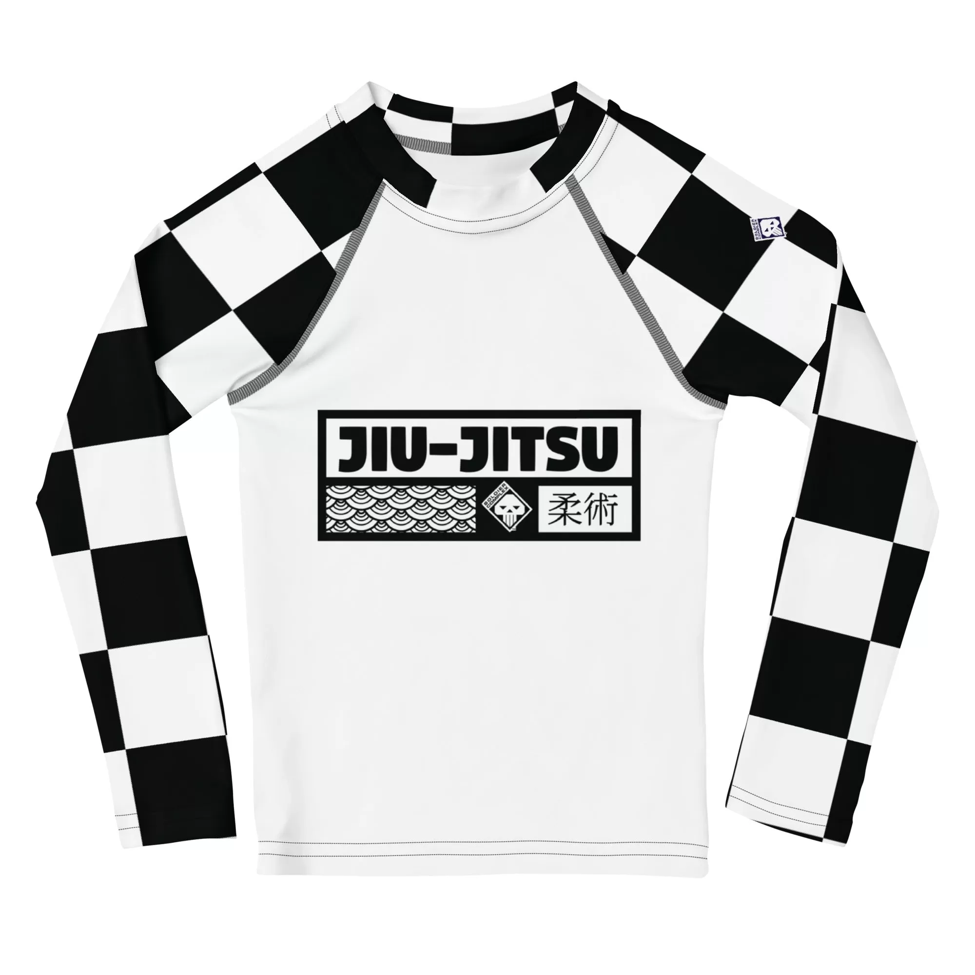 Checkered Charm: Kids Girls' Long Sleeve Rash Guard - Blanc Jiu-Jitsu