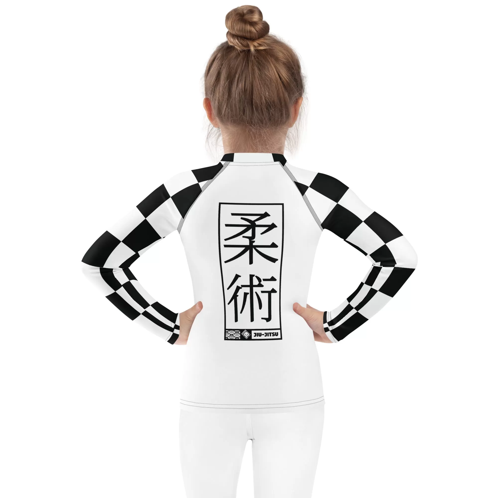 Checkered Charm: Kids Girls' Long Sleeve Rash Guard - Blanc Jiu-Jitsu