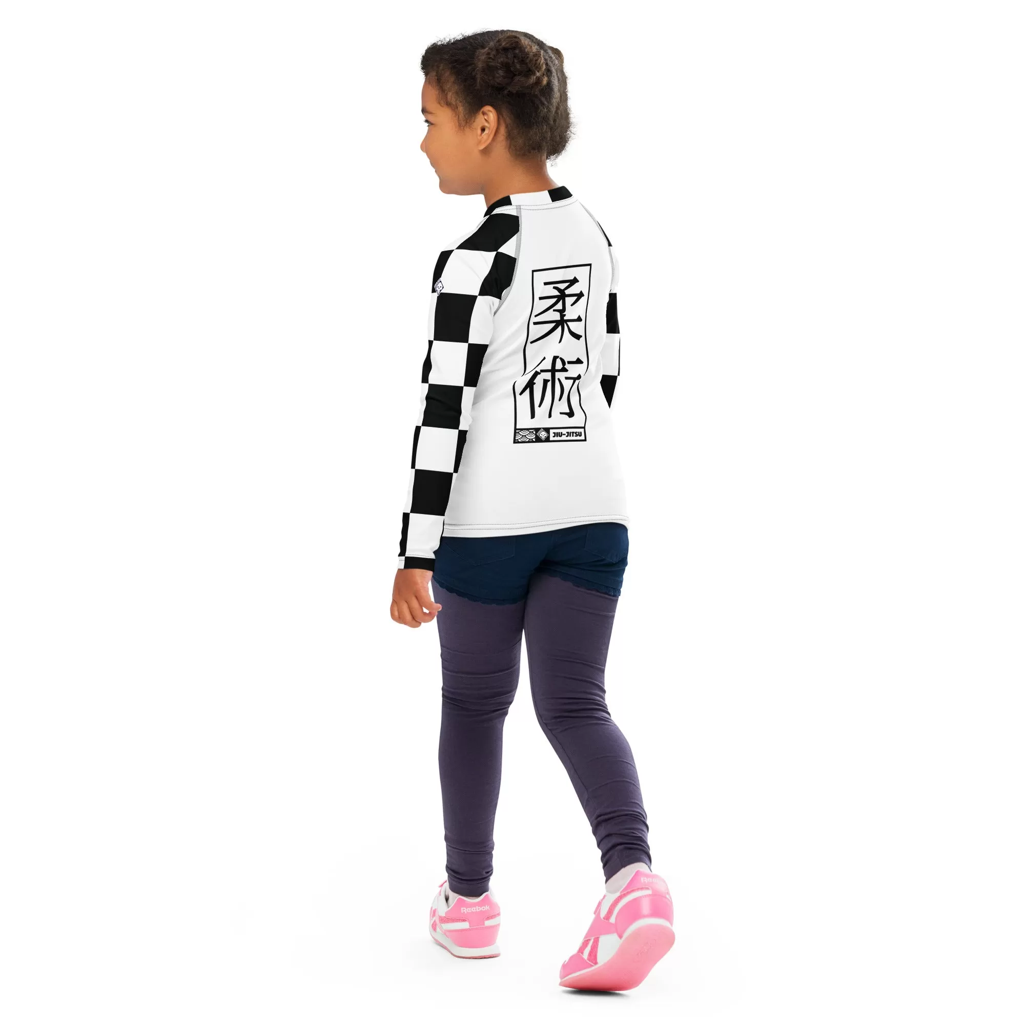 Checkered Charm: Kids Girls' Long Sleeve Rash Guard - Blanc Jiu-Jitsu