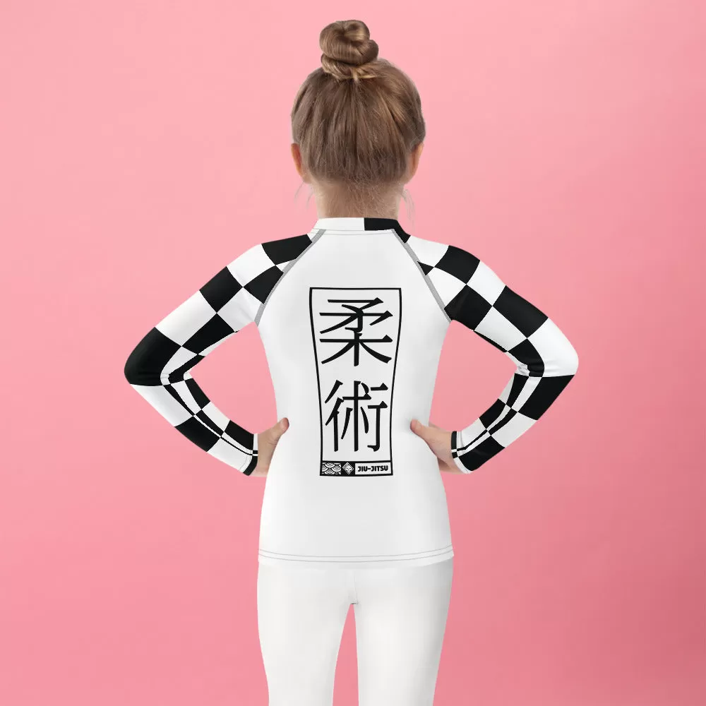 Checkered Charm: Kids Girls' Long Sleeve Rash Guard - Blanc Jiu-Jitsu