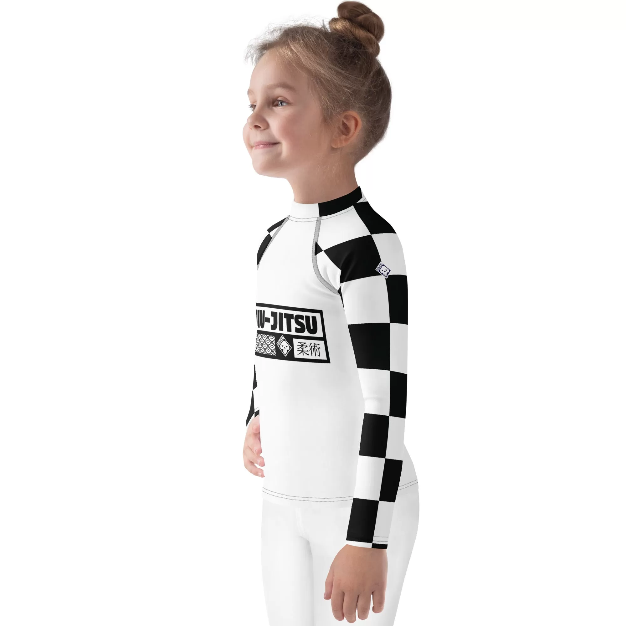 Checkered Charm: Kids Girls' Long Sleeve Rash Guard - Blanc Jiu-Jitsu