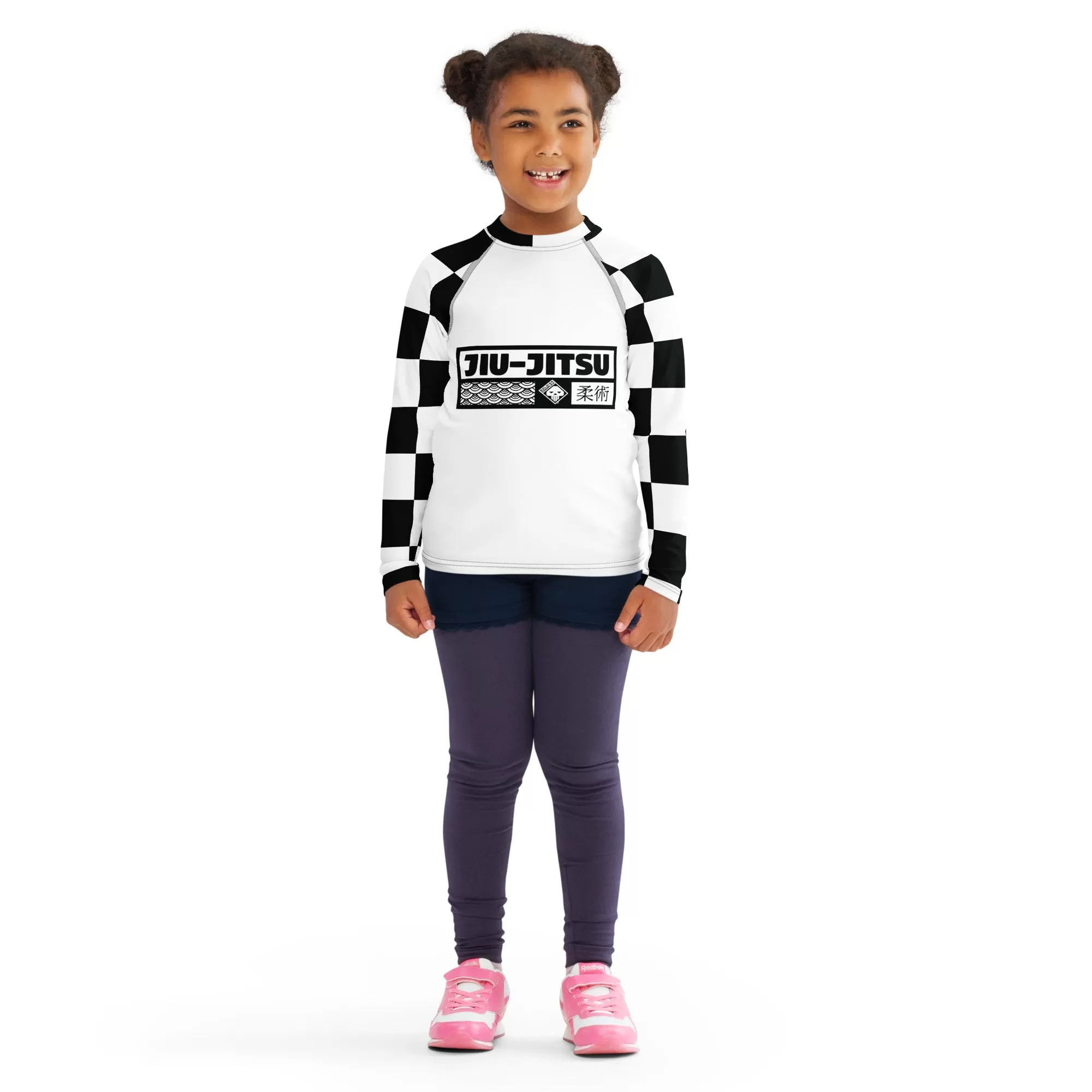 Checkered Charm: Kids Girls' Long Sleeve Rash Guard - Blanc Jiu-Jitsu