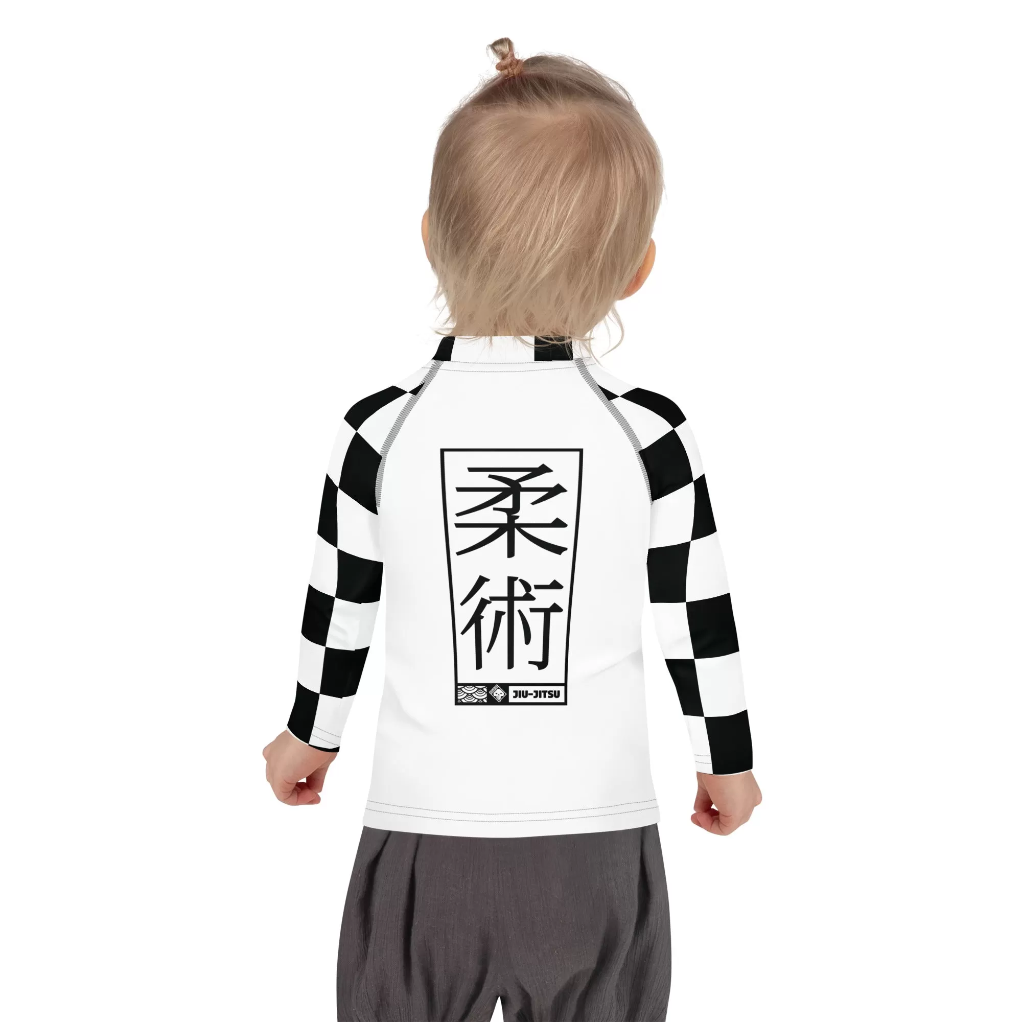 Checkered Charm: Kids Girls' Long Sleeve Rash Guard - Blanc Jiu-Jitsu