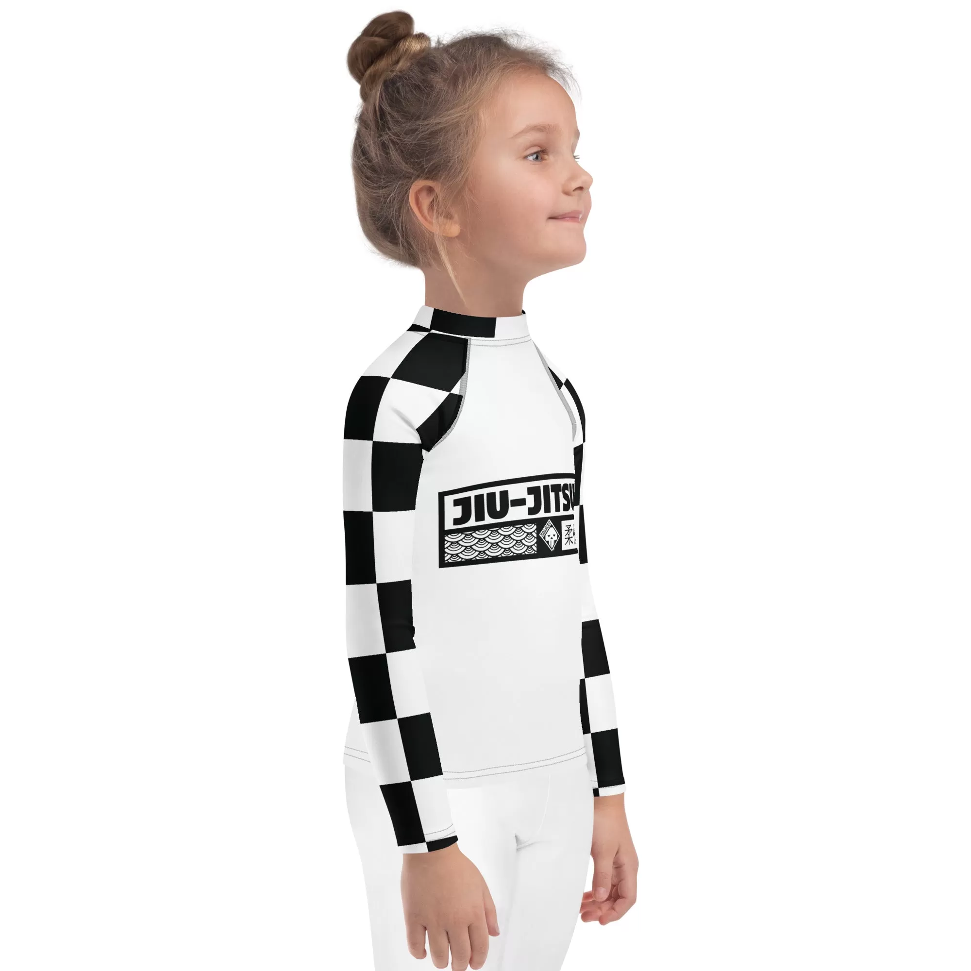 Checkered Charm: Kids Girls' Long Sleeve Rash Guard - Blanc Jiu-Jitsu