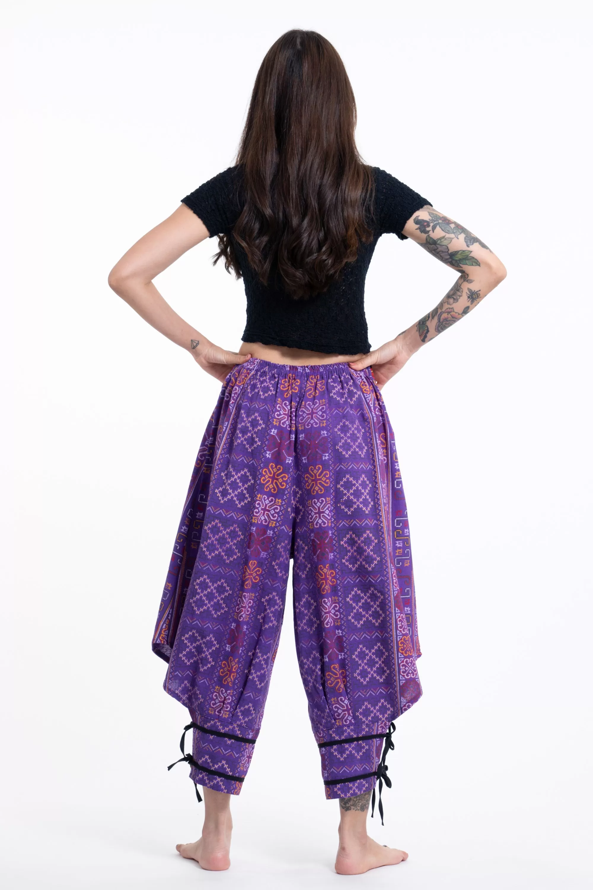 Clovers Thai Hill Tribe Fabric Women's Harem Pants with Ankle Straps in Purple