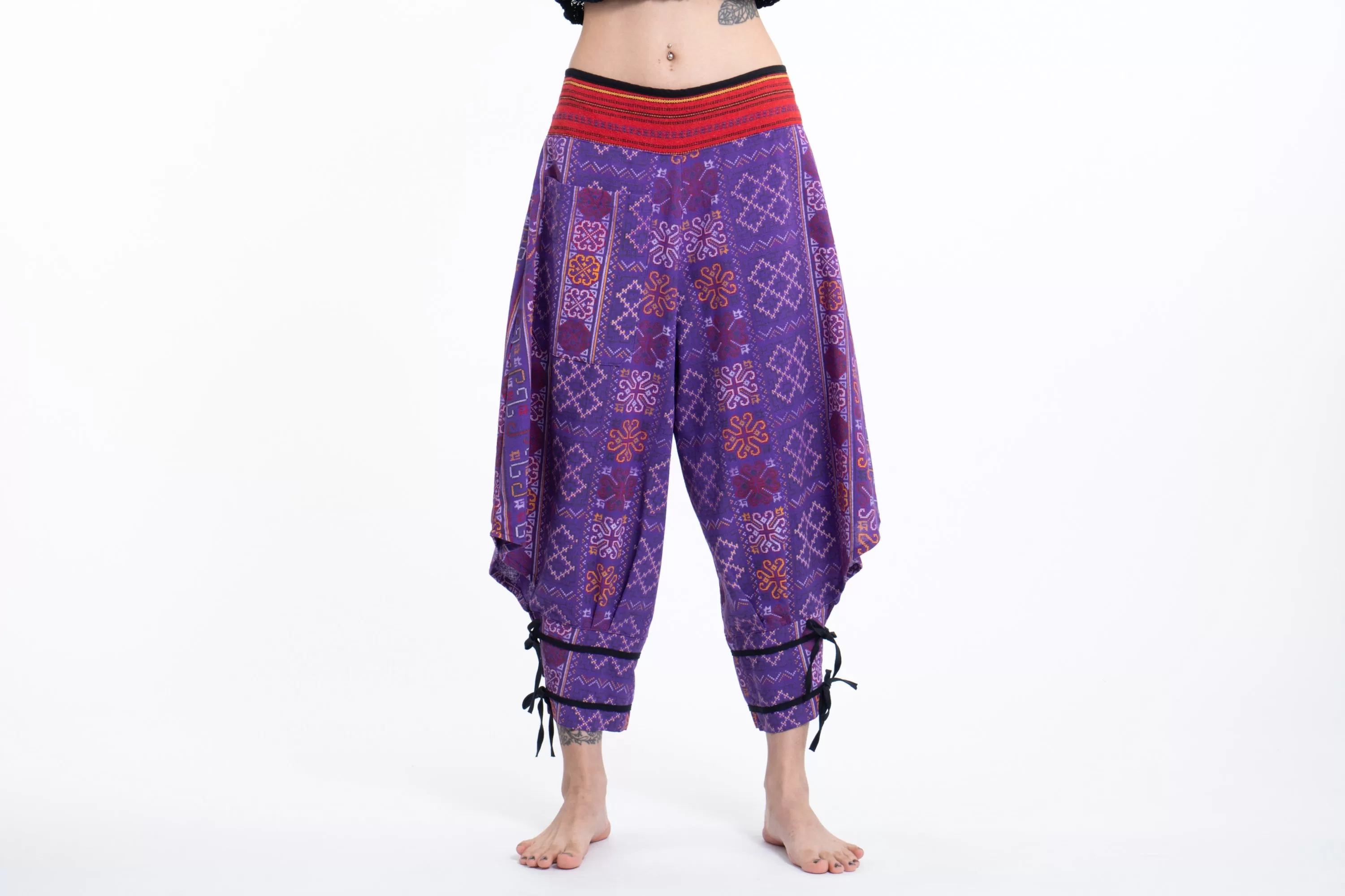 Clovers Thai Hill Tribe Fabric Women's Harem Pants with Ankle Straps in Purple