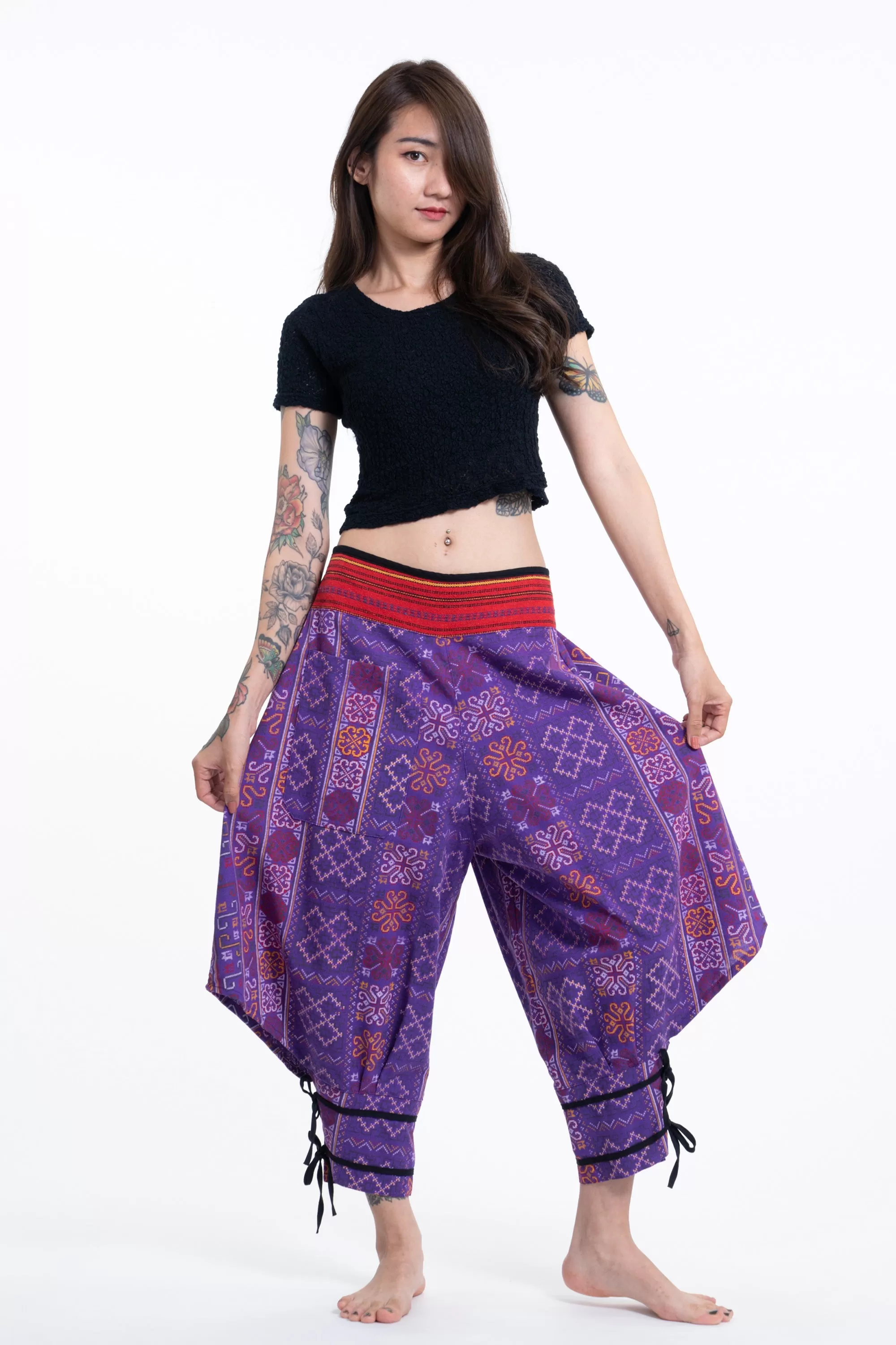 Clovers Thai Hill Tribe Fabric Women's Harem Pants with Ankle Straps in Purple