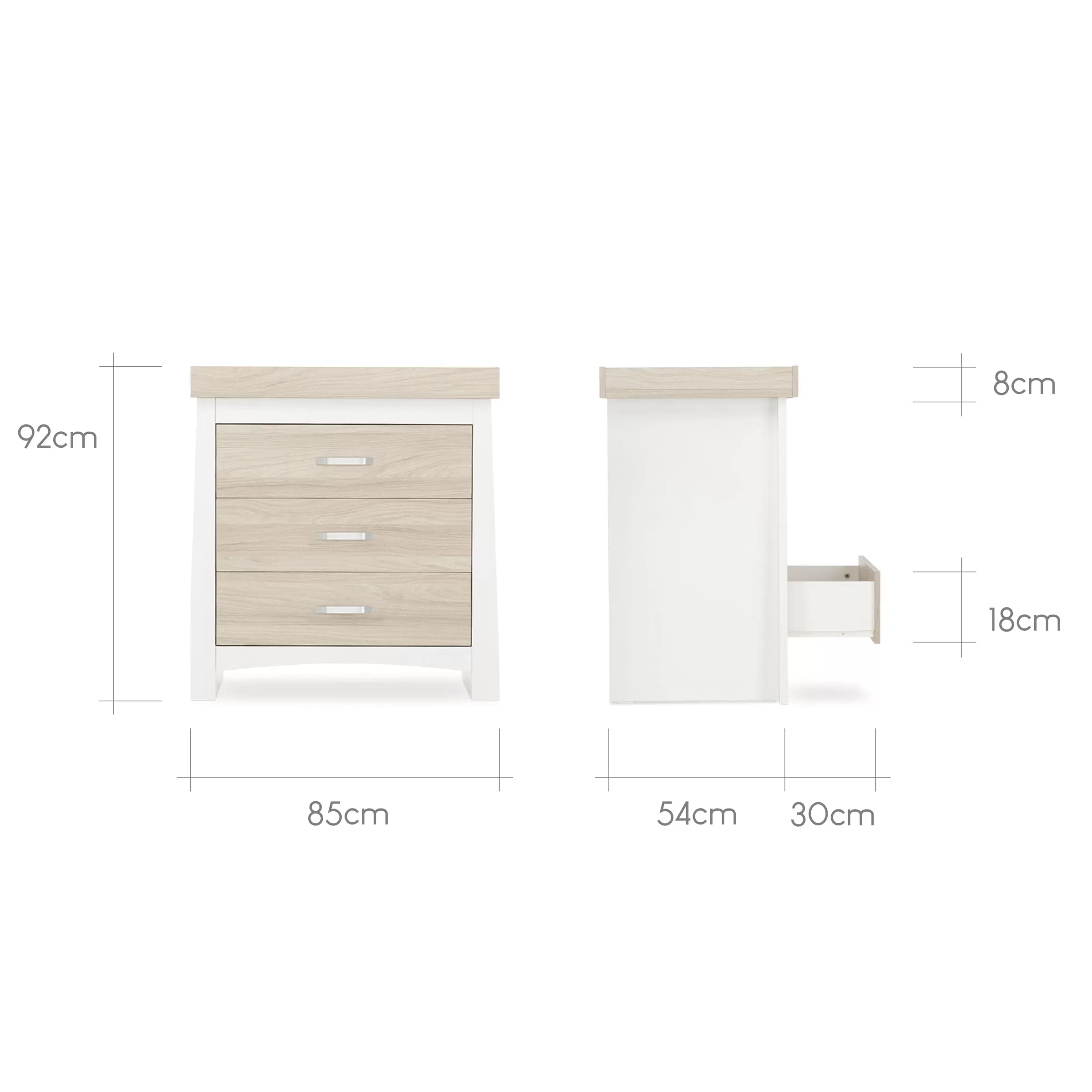 CuddleCo Ada 2pc Set 3 Drawer Dresser, Cot Bed - White/Ash