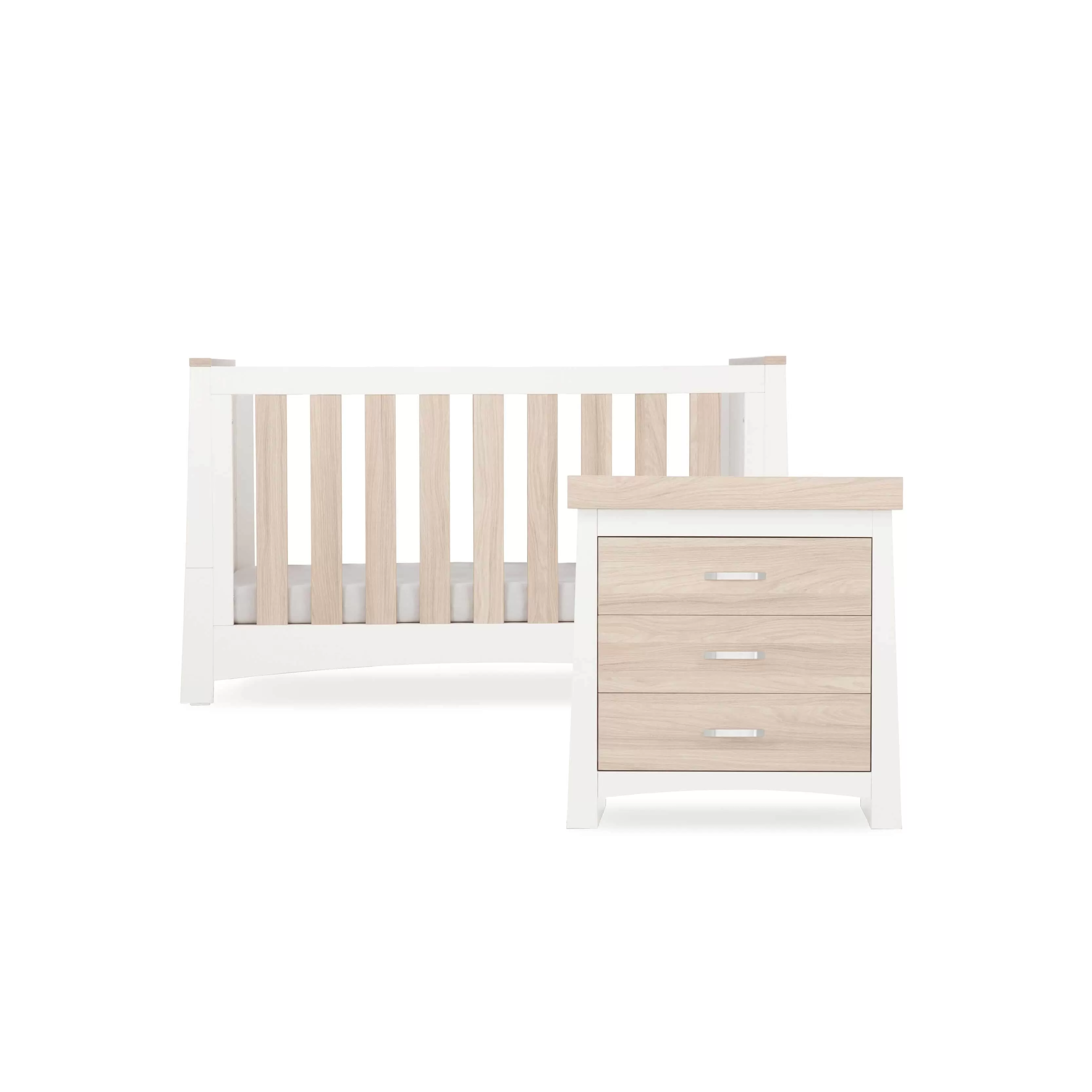 CuddleCo Ada 2pc Set 3 Drawer Dresser, Cot Bed - White/Ash