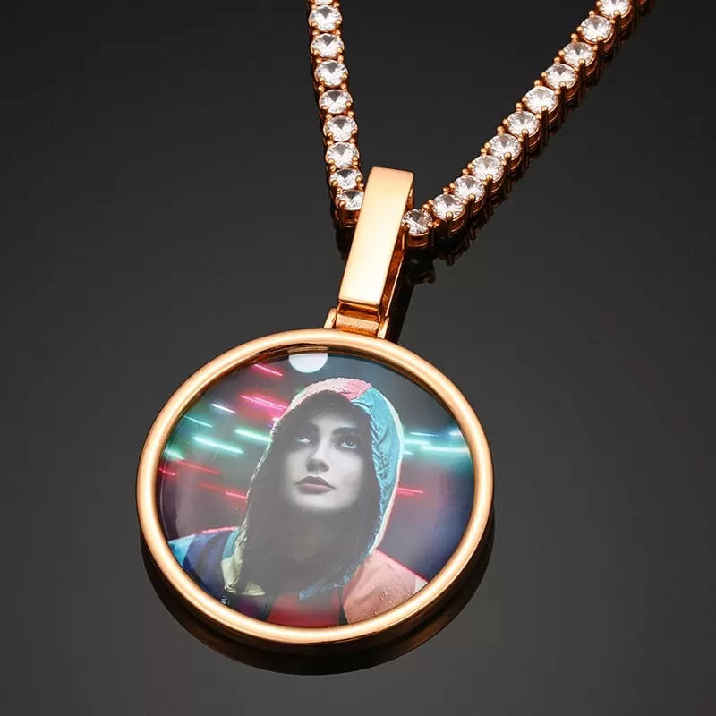 Custom Made Round Photo Medallion Necklace- Solid Circle Pendant Photo Memory Medallion Necklace