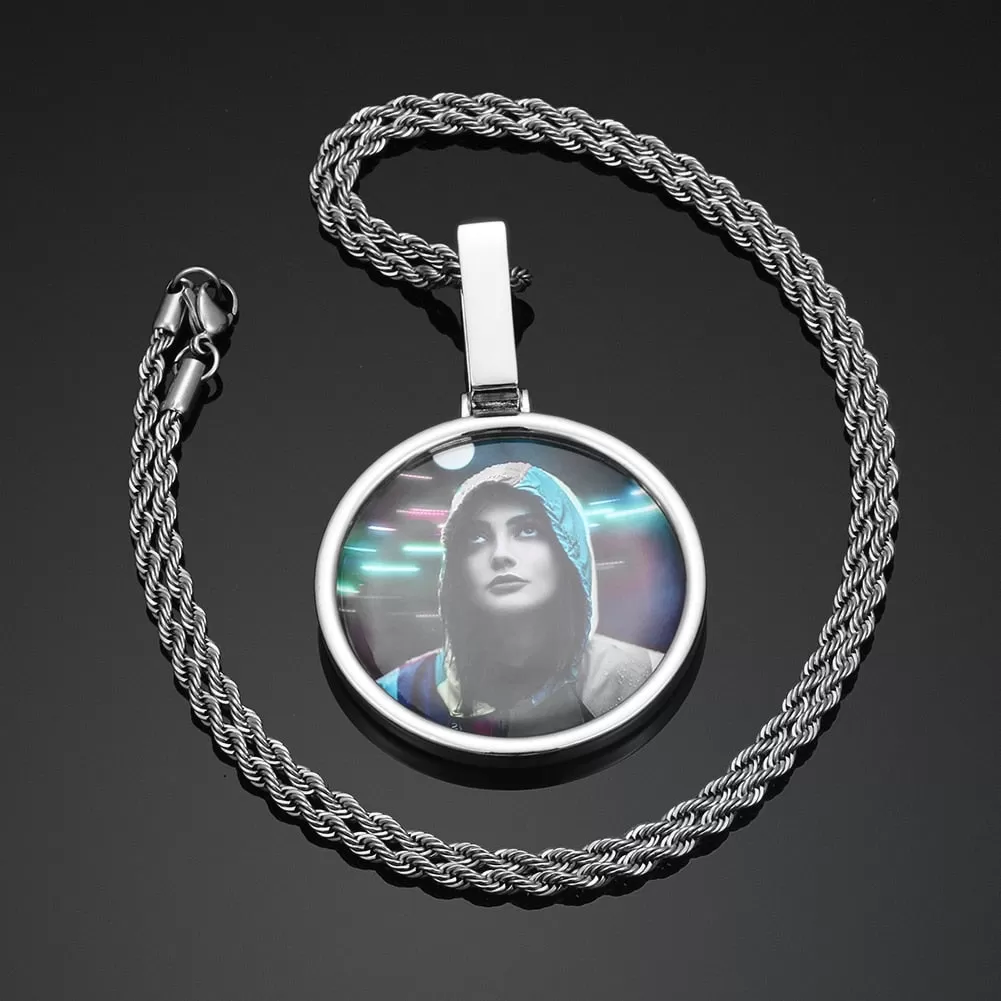 Custom Made Round Photo Medallion Necklace- Solid Circle Pendant Photo Memory Medallion Necklace